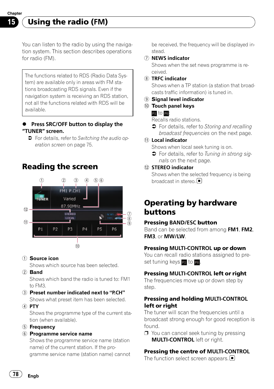 Using the radio (fm) reading the screen, Operating by hardware buttons, Reading the screen | Using the radio (fm) | Pioneer AVIC-F310BT User Manual | Page 78 / 137
