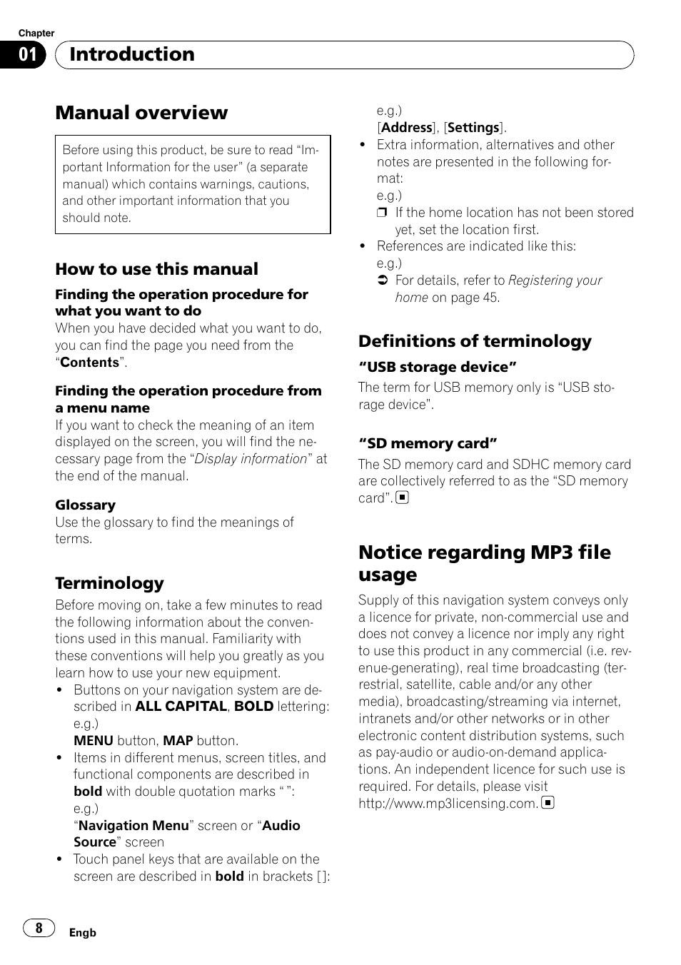 Introduction manual overview, How to use this manual 8, Terminology 8 | Definitions of terminology 8, Notice regarding mp3 file usage, Manual overview, Introduction | Pioneer AVIC-F310BT User Manual | Page 8 / 137