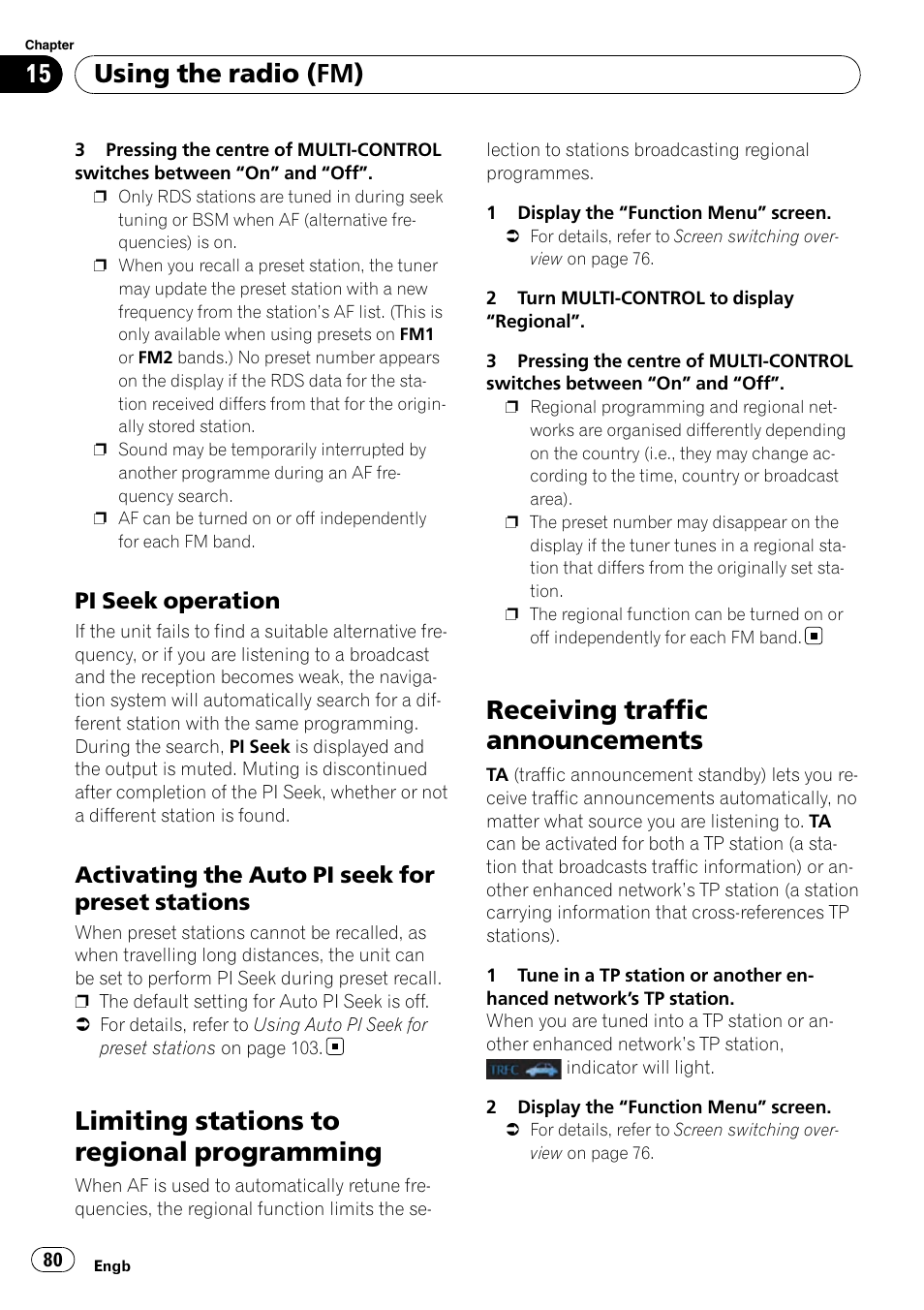 Pi seek operation 80, Activating the auto pi seek for preset, Stations | Limiting stations to regional, Programming, Receiving traffic announcements, Limiting stations to regional programming, Using the radio (fm), Pi seek operation, Activating the auto pi seek for preset stations | Pioneer AVIC-F310BT User Manual | Page 80 / 137