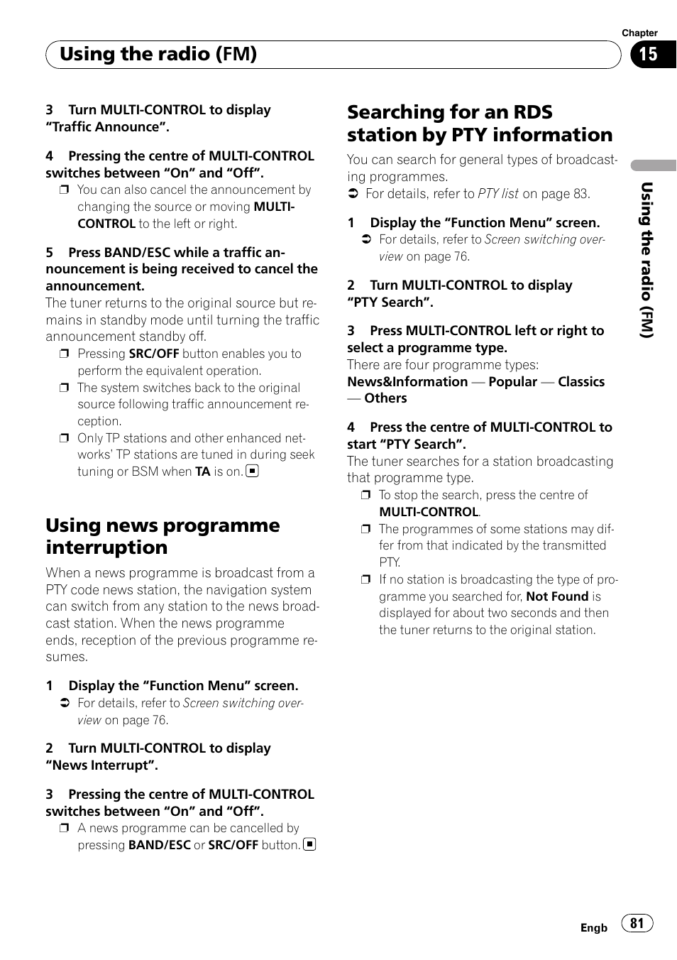 Using news programme interruption, Searching for an rds station by pty, Information | Searching for an rds station by pty information, Using the radio (fm) | Pioneer AVIC-F310BT User Manual | Page 81 / 137
