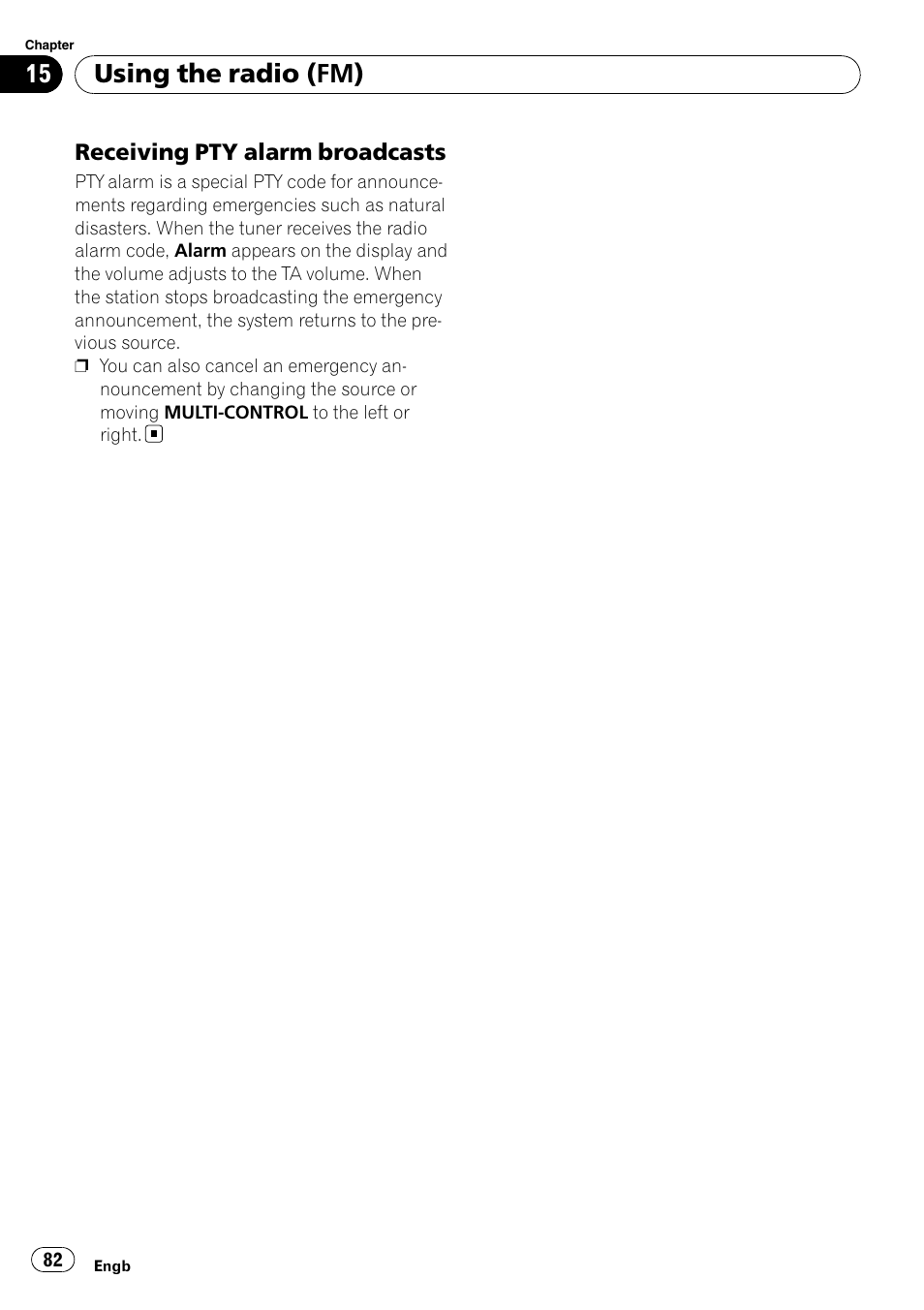 Receiving pty alarm broadcasts 82, Using the radio (fm) | Pioneer AVIC-F310BT User Manual | Page 82 / 137