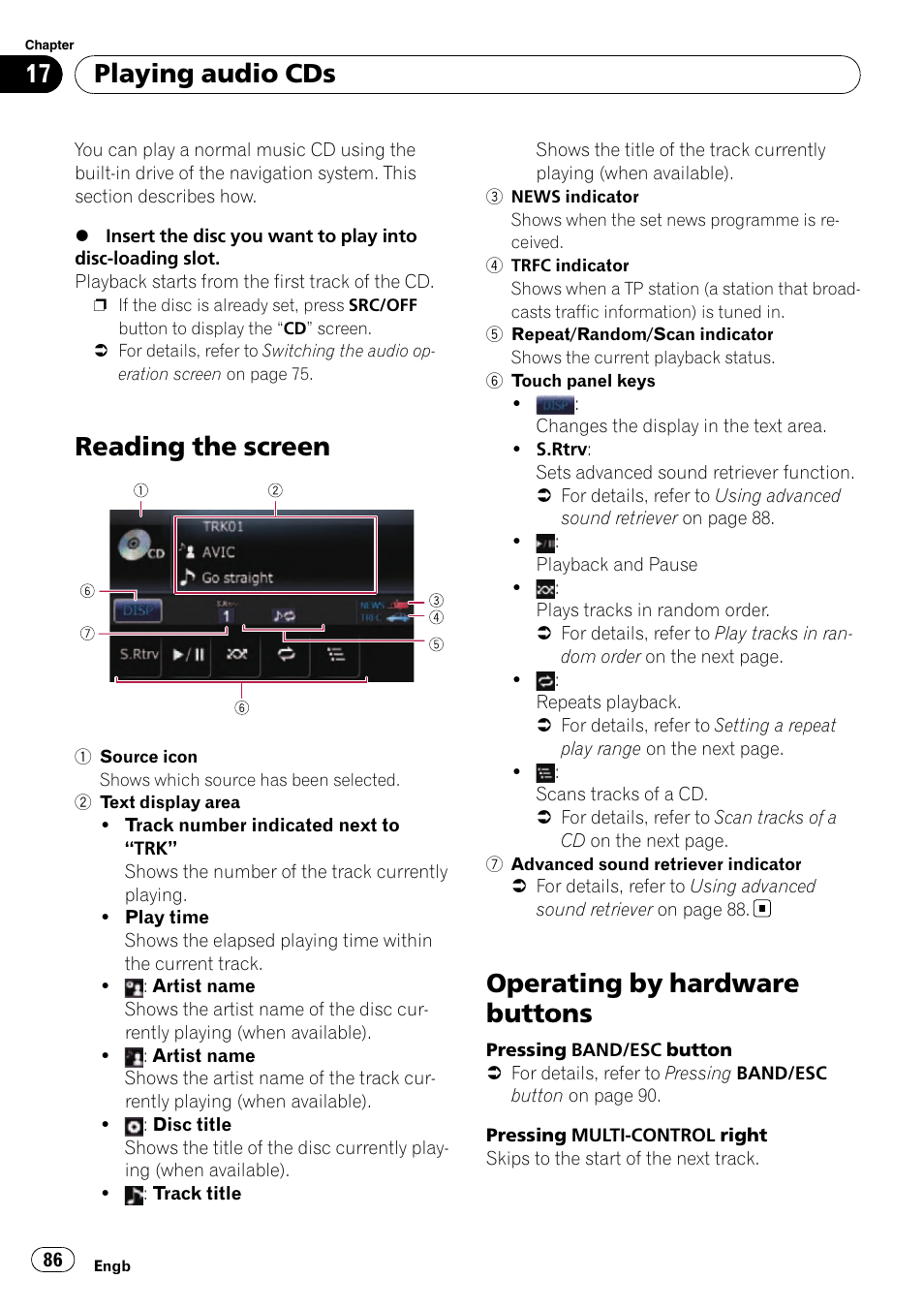 Playing audio cds reading the screen, Operating by hardware buttons, Reading the screen | Playing audio cds | Pioneer AVIC-F310BT User Manual | Page 86 / 137