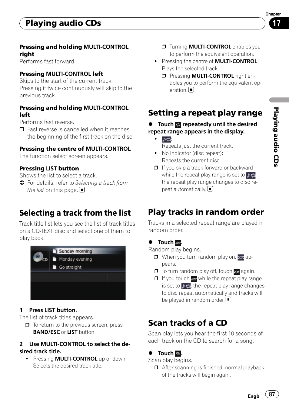 Selecting a track from the list, Setting a repeat play range, Play tracks in random order | Scan tracks of a cd, Play tracks in ran, Setting a repeat, Scan tracks of a, Playing audio cds | Pioneer AVIC-F310BT User Manual | Page 87 / 137