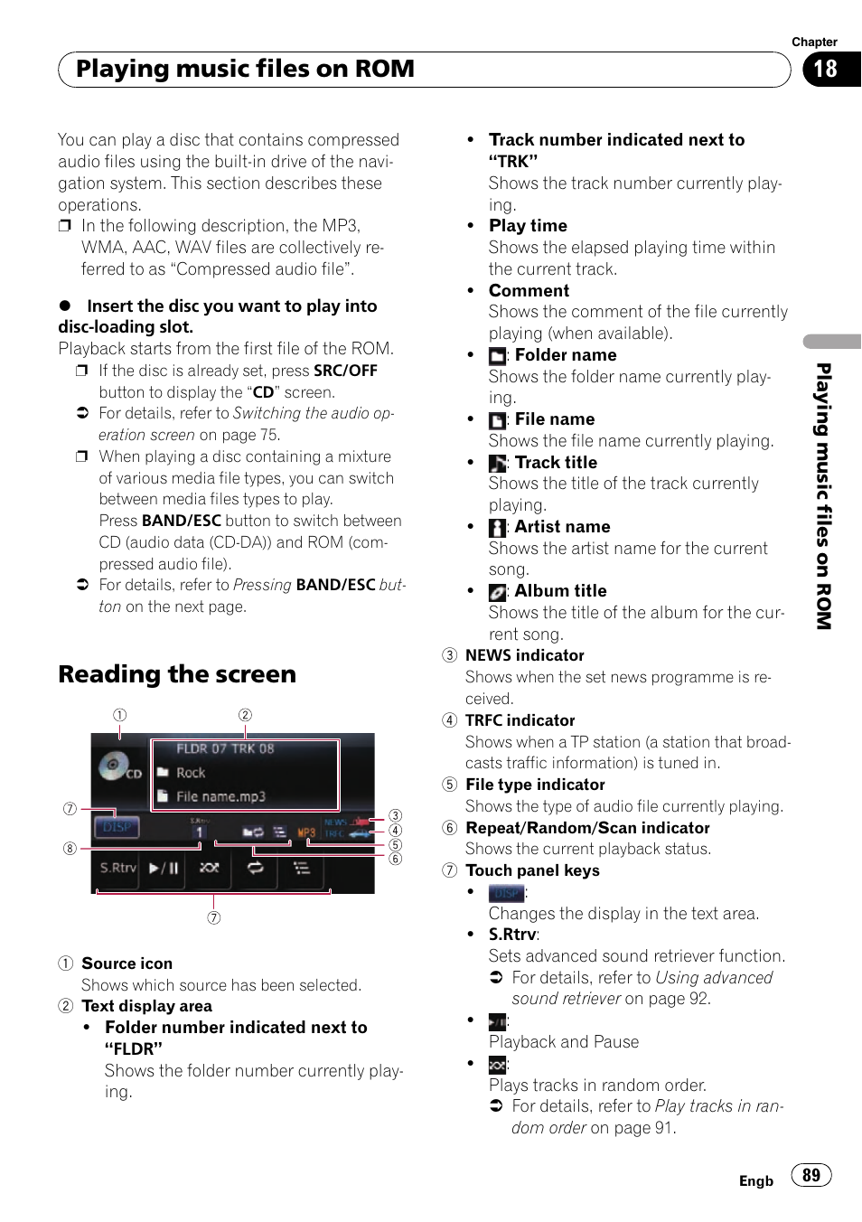 Playing music files on rom reading the screen, Reading the screen, Playing music files on rom | Pioneer AVIC-F310BT User Manual | Page 89 / 137