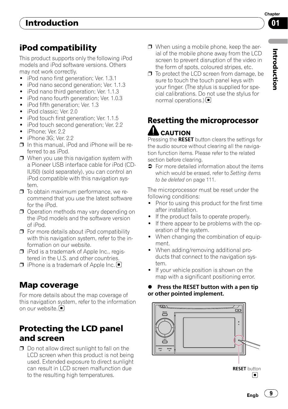 Ipod compatibility, Map coverage, Protecting the lcd panel and screen | Resetting the microprocessor, Introduction | Pioneer AVIC-F310BT User Manual | Page 9 / 137