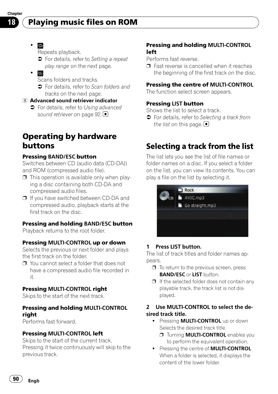 Operating by hardware buttons, Selecting a track from the list, Pressing band/esc | Pressing band/esc but, Playing music files on rom | Pioneer AVIC-F310BT User Manual | Page 90 / 137