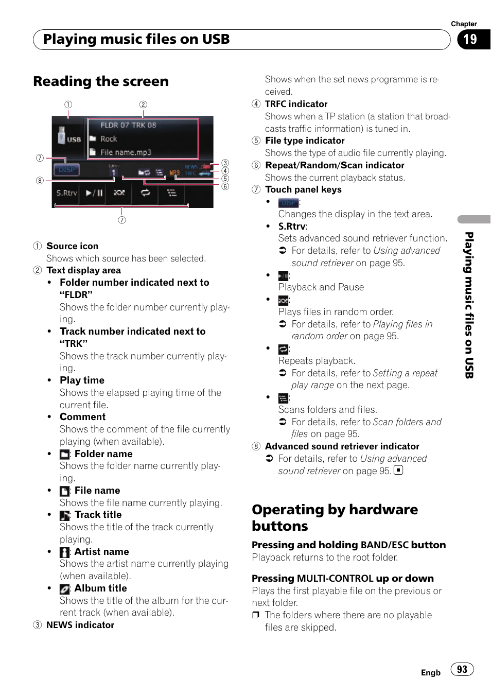 Playing music files on usb reading the screen, Operating by hardware buttons, Reading the screen | Playing music files on usb | Pioneer AVIC-F310BT User Manual | Page 93 / 137