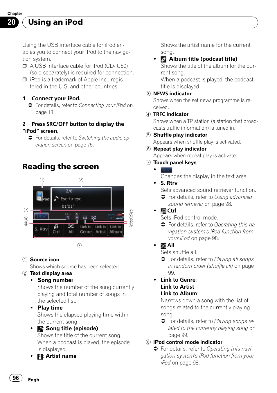 Using an ipod reading the screen, Reading the screen, Using an ipod | Pioneer AVIC-F310BT User Manual | Page 96 / 137