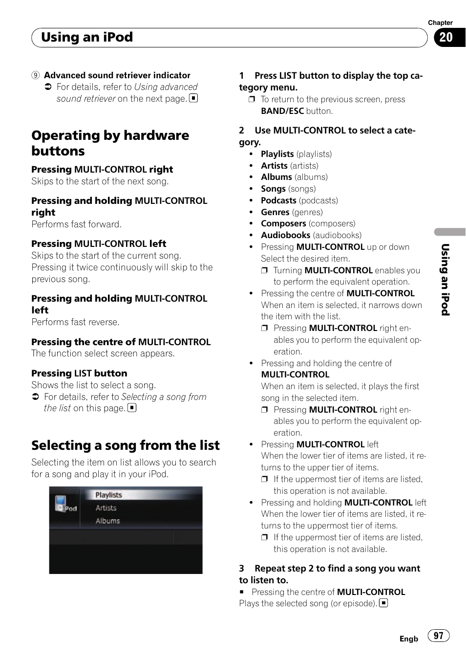 Operating by hardware buttons, Selecting a song from the list, Using an ipod | Pioneer AVIC-F310BT User Manual | Page 97 / 137