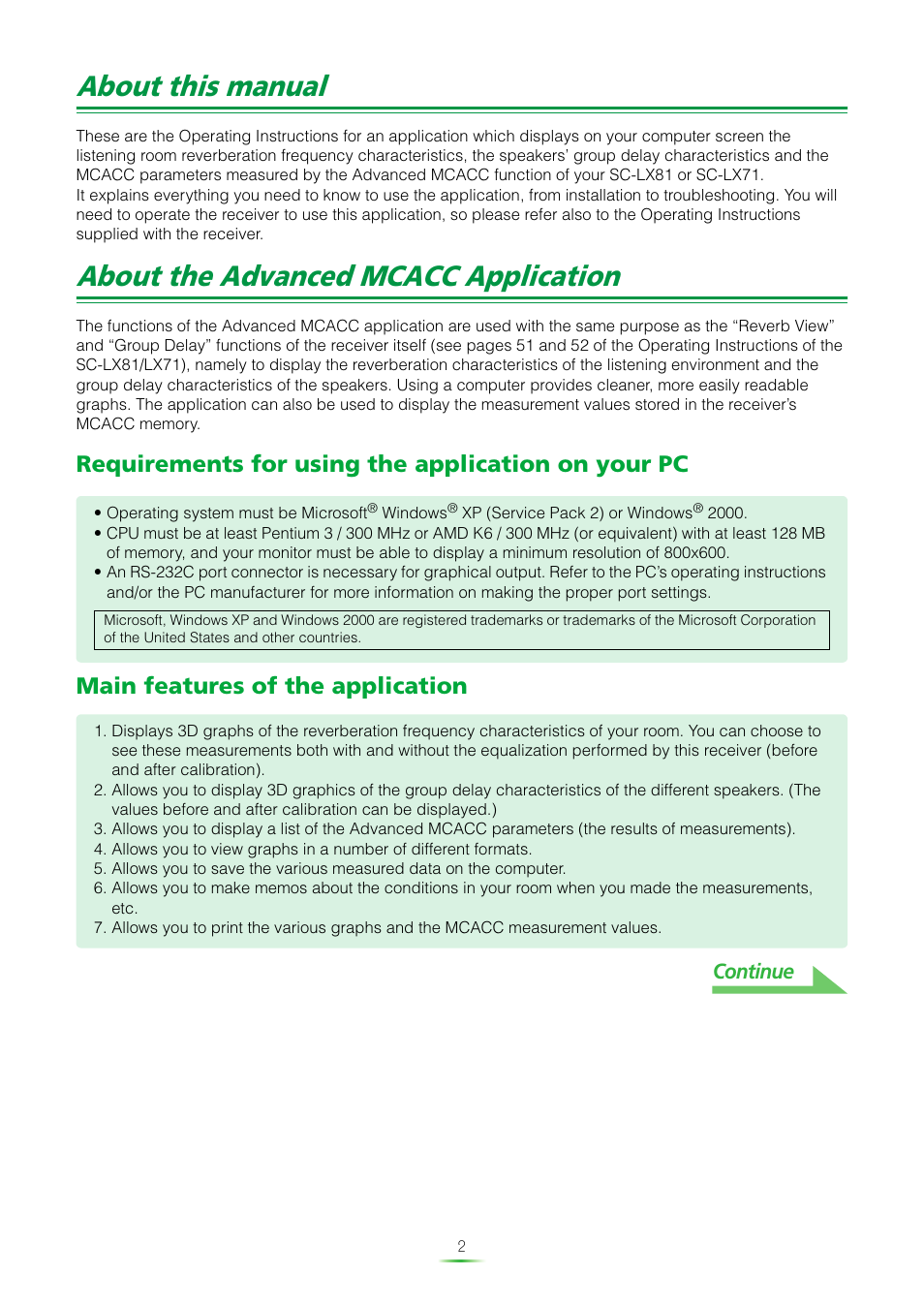 About this manual, About the advanced mcacc application, Requirements for using the application on your pc | Main features of the application, Continue | Pioneer SC-LX81 User Manual | Page 2 / 38