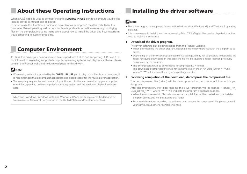 About these operating instructions, Computer environment, Installing the driver software | Pioneer N-50-K User Manual | Page 2 / 17