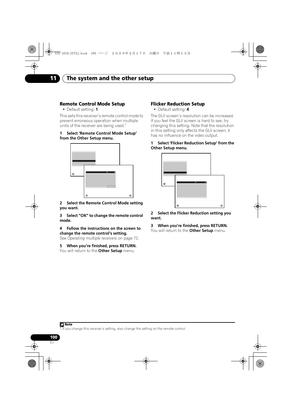 Remote control mode setup flicker reduction setup, The system and the other setup 11, Remote control mode setup | Flicker reduction setup | Pioneer VSX-1019AH-K User Manual | Page 100 / 127