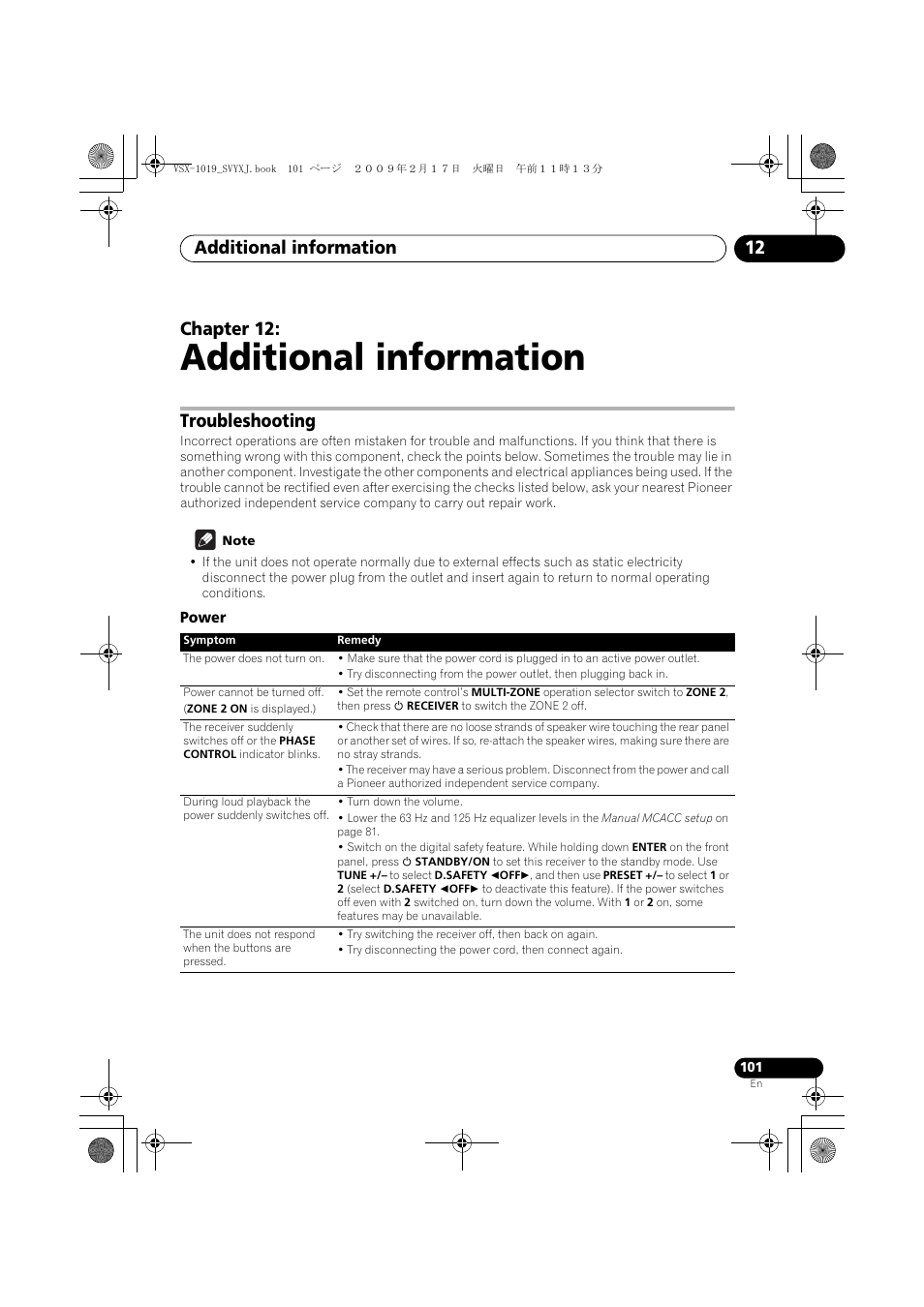 Troubleshooting, Power, Additional information | Additional information 12, Chapter 12 | Pioneer VSX-1019AH-K User Manual | Page 101 / 127
