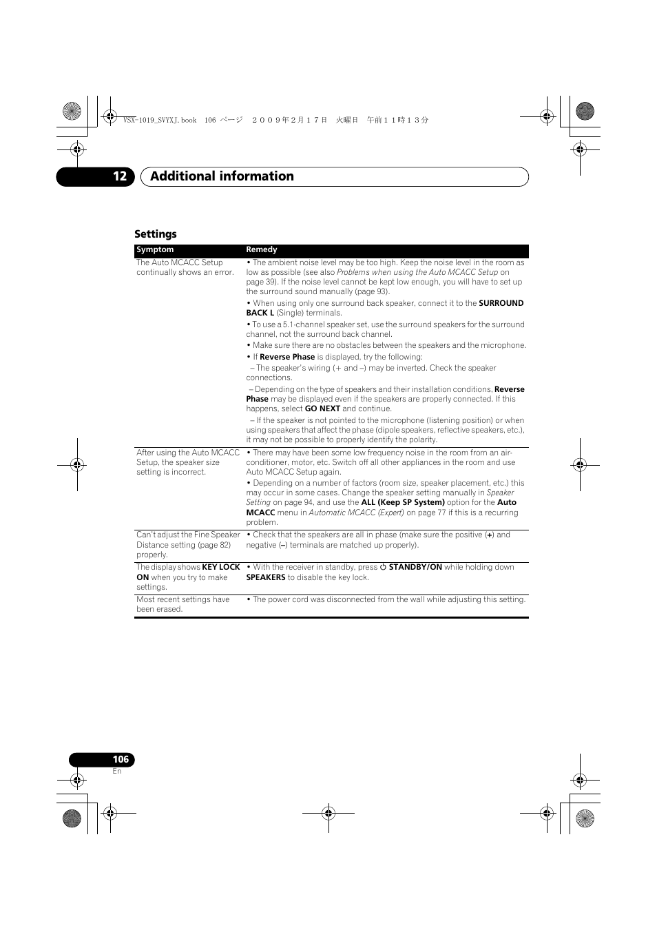 Settings, Additional information 12 | Pioneer VSX-1019AH-K User Manual | Page 106 / 127
