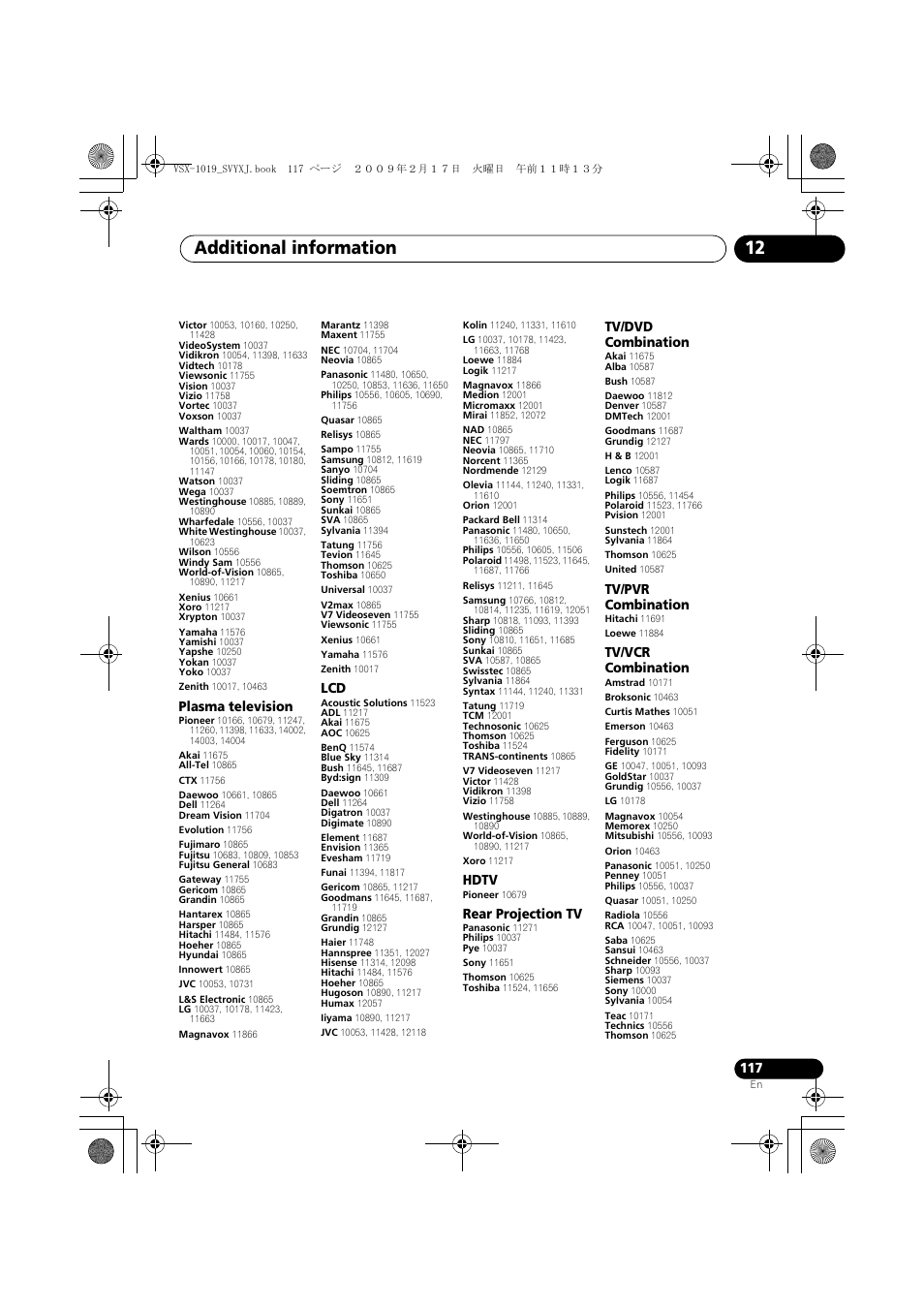 Additional information 12, Plasma television, Hdtv | Rear projection tv, Tv/dvd combination, Tv/pvr combination, Tv/vcr combination | Pioneer VSX-1019AH-K User Manual | Page 117 / 127