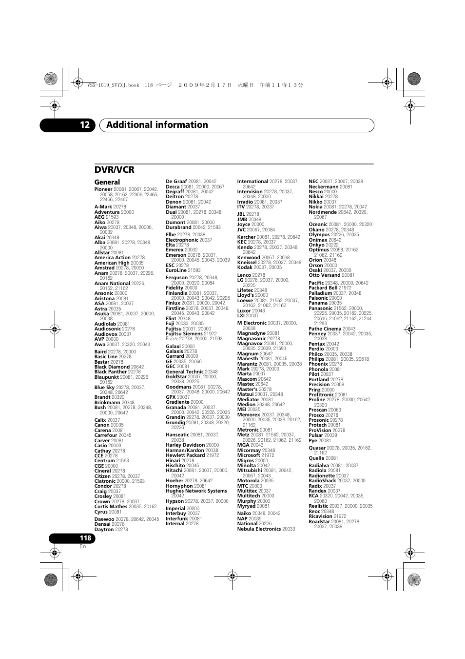 Additional information 12, Dvr/vcr, General | Pioneer VSX-1019AH-K User Manual | Page 118 / 127