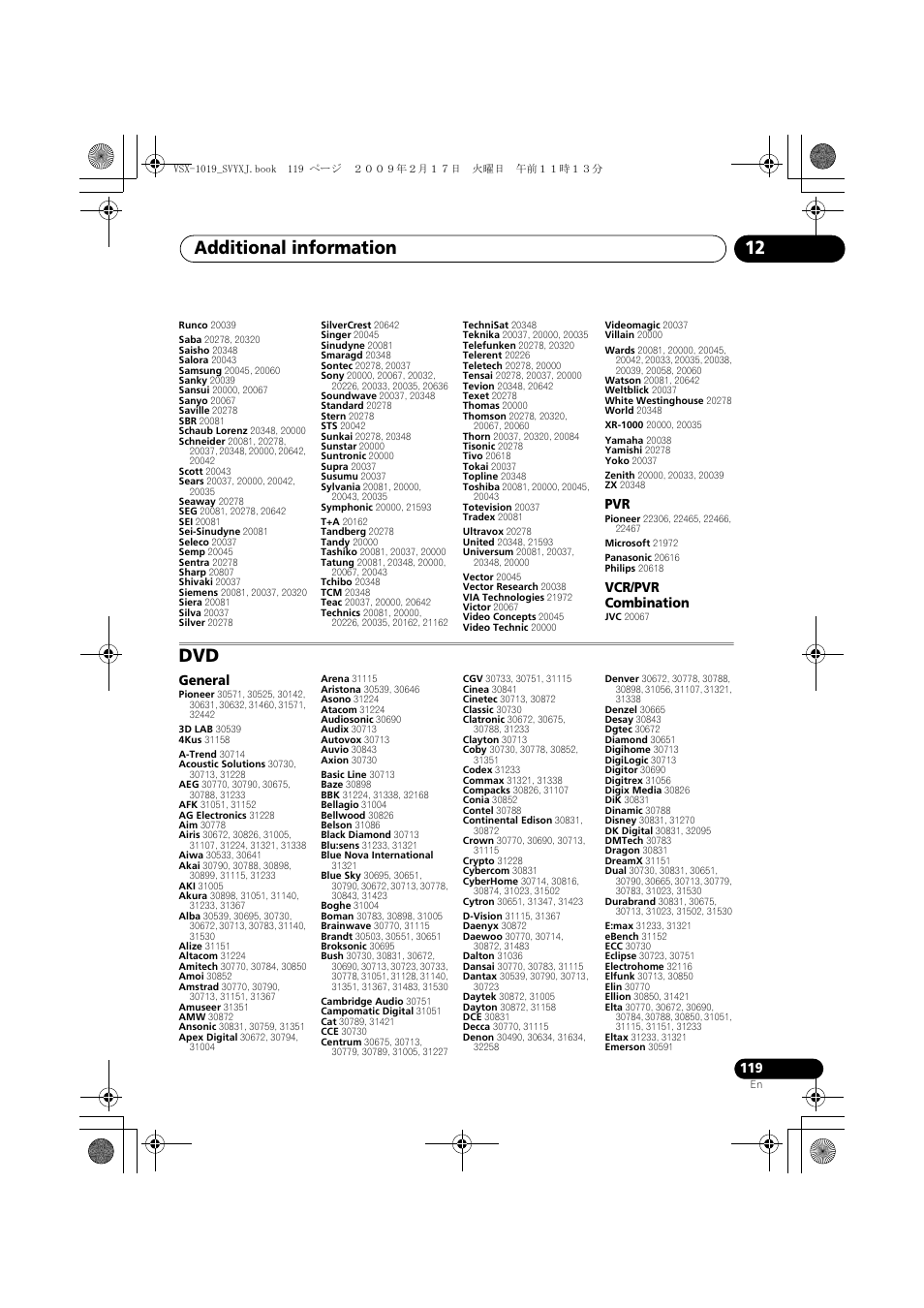 Additional information 12, Vcr/pvr combination, General | Pioneer VSX-1019AH-K User Manual | Page 119 / 127
