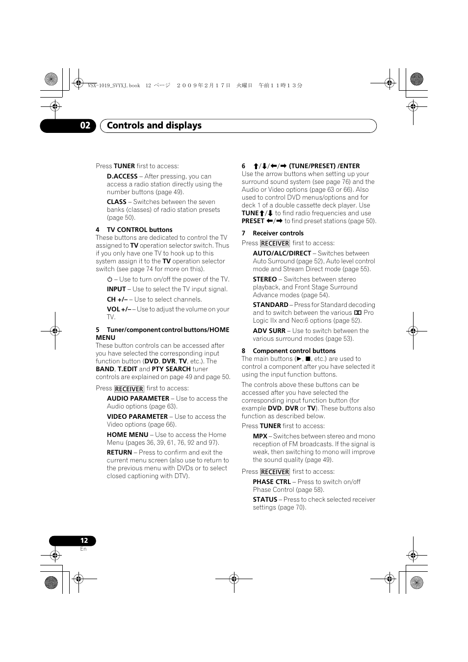 Controls and displays 02 | Pioneer VSX-1019AH-K User Manual | Page 12 / 127