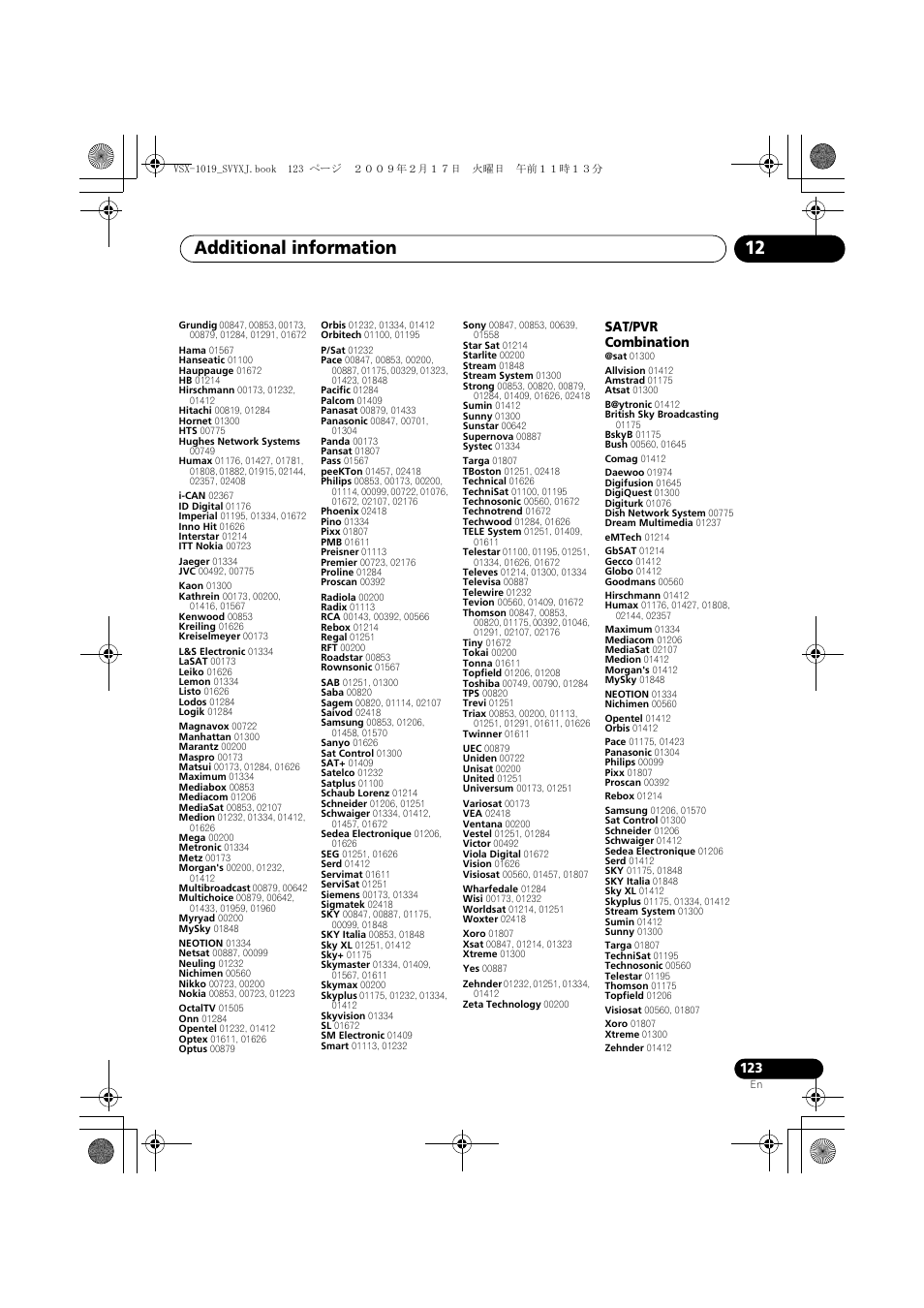 Additional information 12, Sat/pvr combination | Pioneer VSX-1019AH-K User Manual | Page 123 / 127