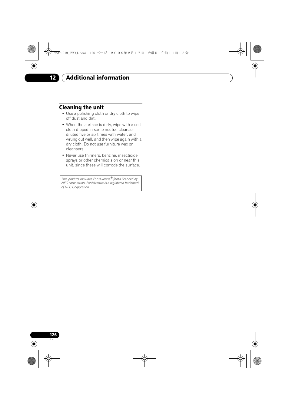 Cleaning the unit, Additional information 12 | Pioneer VSX-1019AH-K User Manual | Page 126 / 127