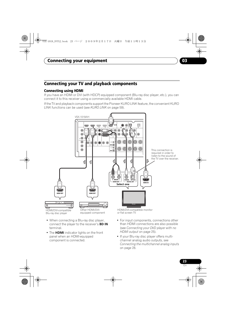 Connecting your tv and playback components, Connecting using hdmi, Connecting your equipment 03 | Pioneer VSX-1019AH-K User Manual | Page 23 / 127