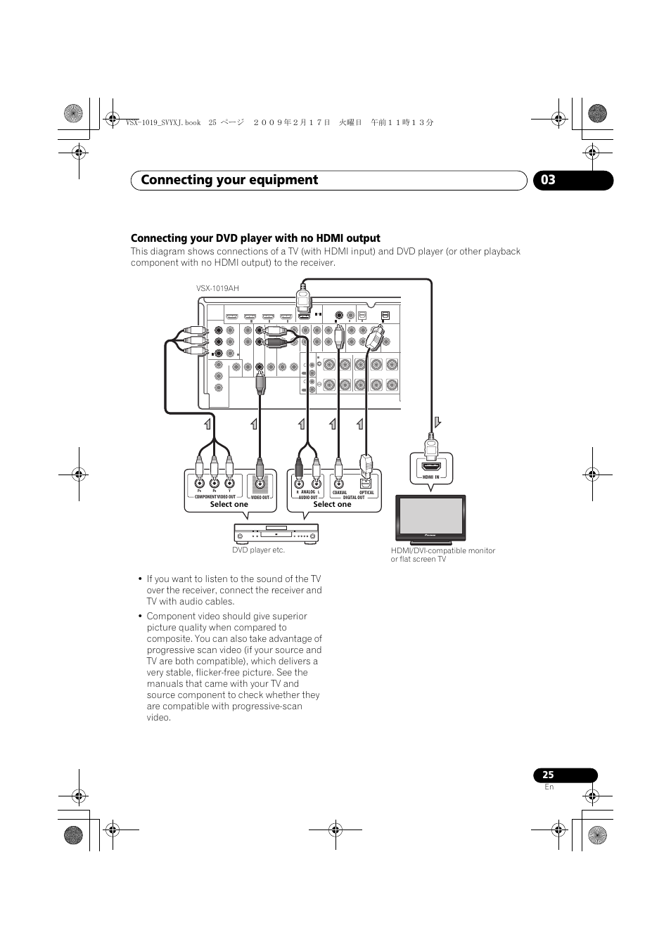 Connecting your dvd player with no hdmi output, Connecting your equipment 03 | Pioneer VSX-1019AH-K User Manual | Page 25 / 127