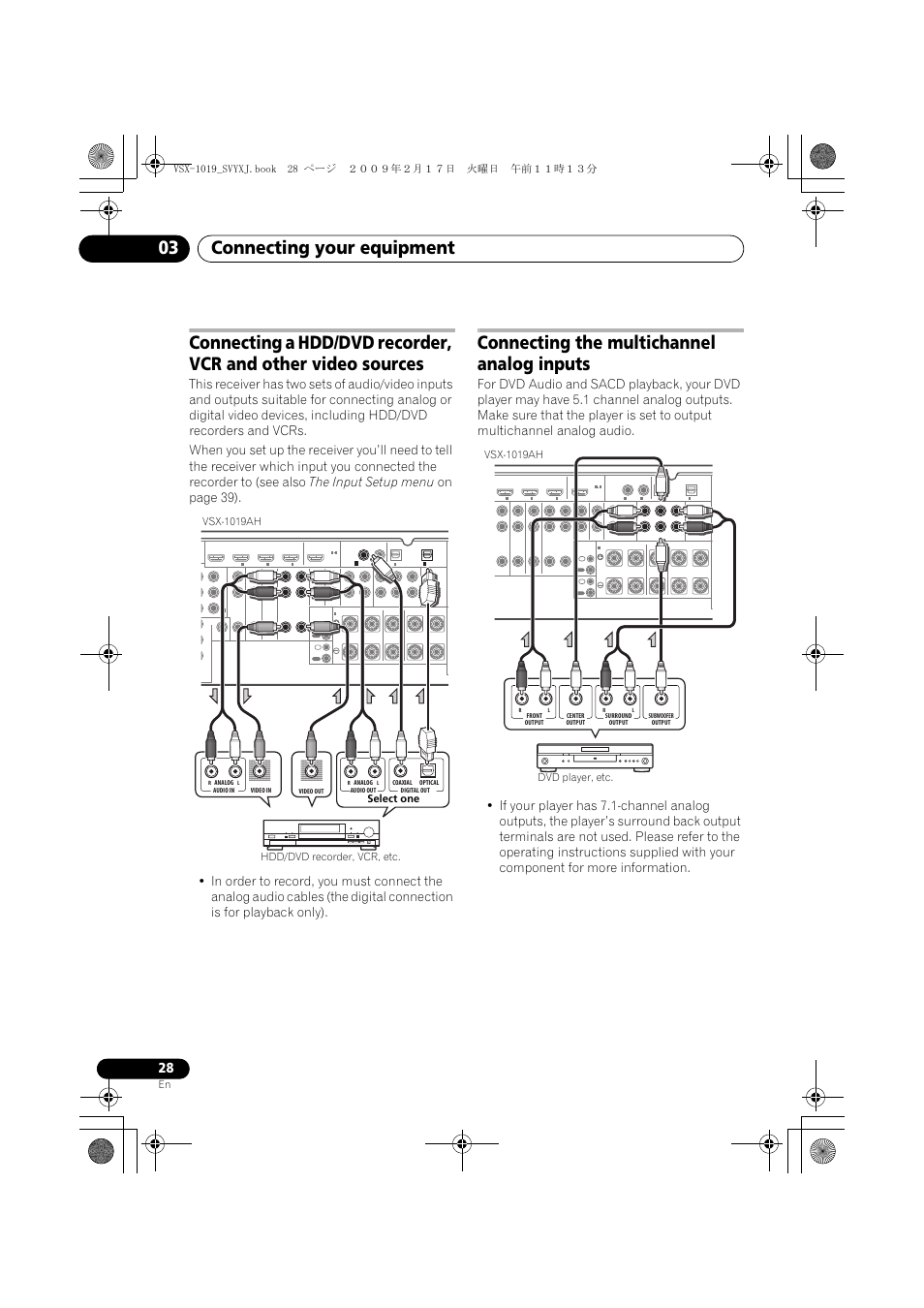 Connecting your equipment 03, Connecting the multichannel analog inputs, Hdd/dvd recorder, vcr, etc. vsx-1019ah select one | Pioneer VSX-1019AH-K User Manual | Page 28 / 127