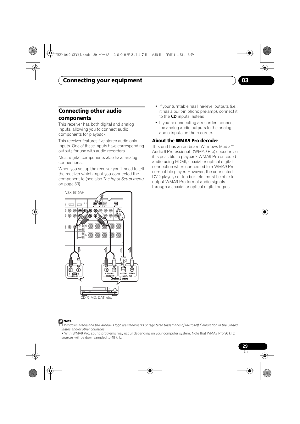 Connecting other audio components, About the wma9 pro decoder, Connecting your equipment 03 | Pioneer VSX-1019AH-K User Manual | Page 29 / 127