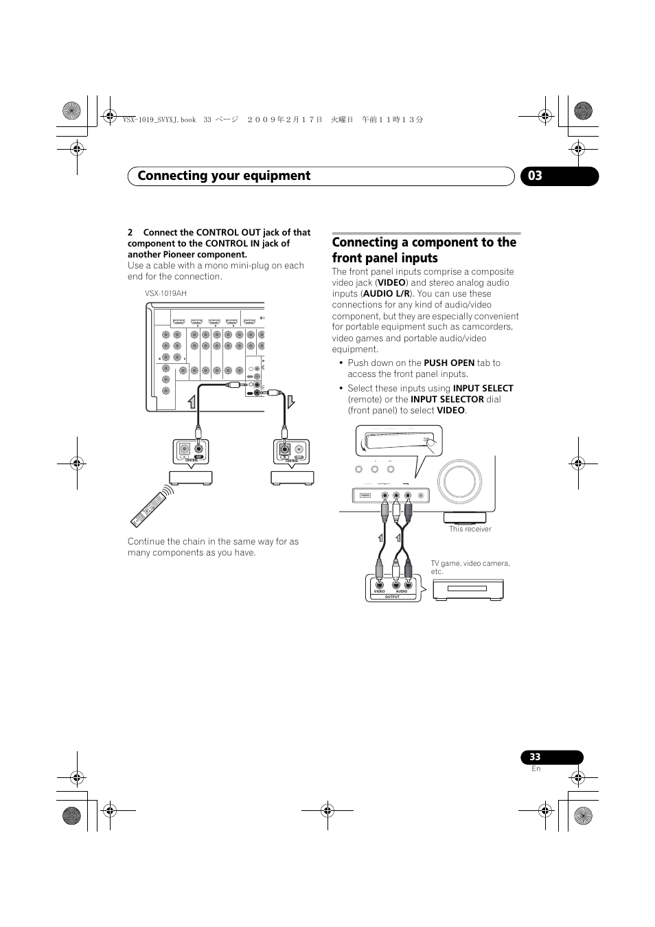 Connecting a component to the front panel inputs, Connecting your equipment 03, Vsx-1019ah | Pioneer VSX-1019AH-K User Manual | Page 33 / 127