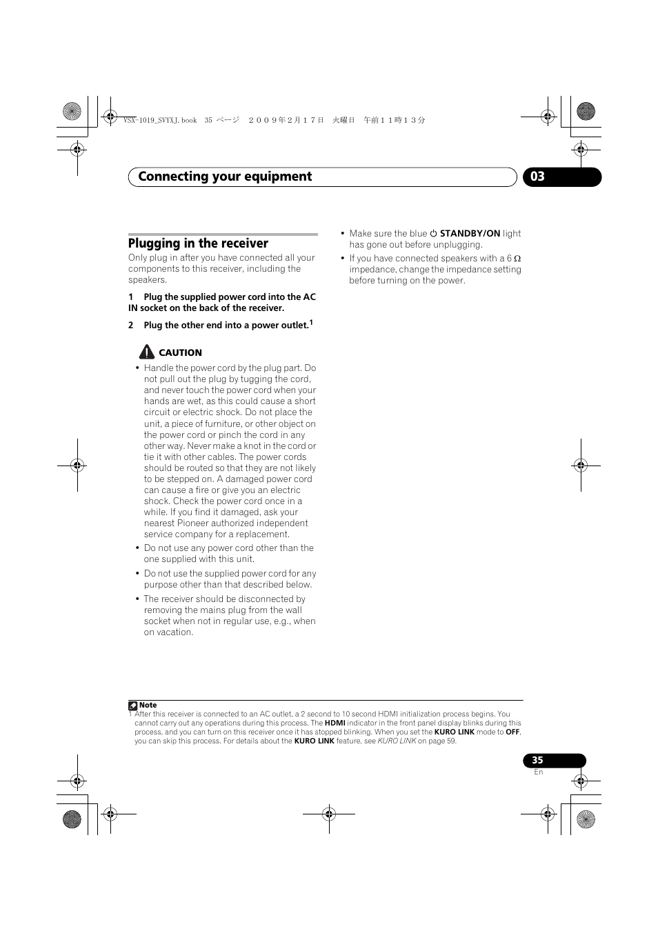 Plugging in the receiver, Connecting your equipment 03 | Pioneer VSX-1019AH-K User Manual | Page 35 / 127