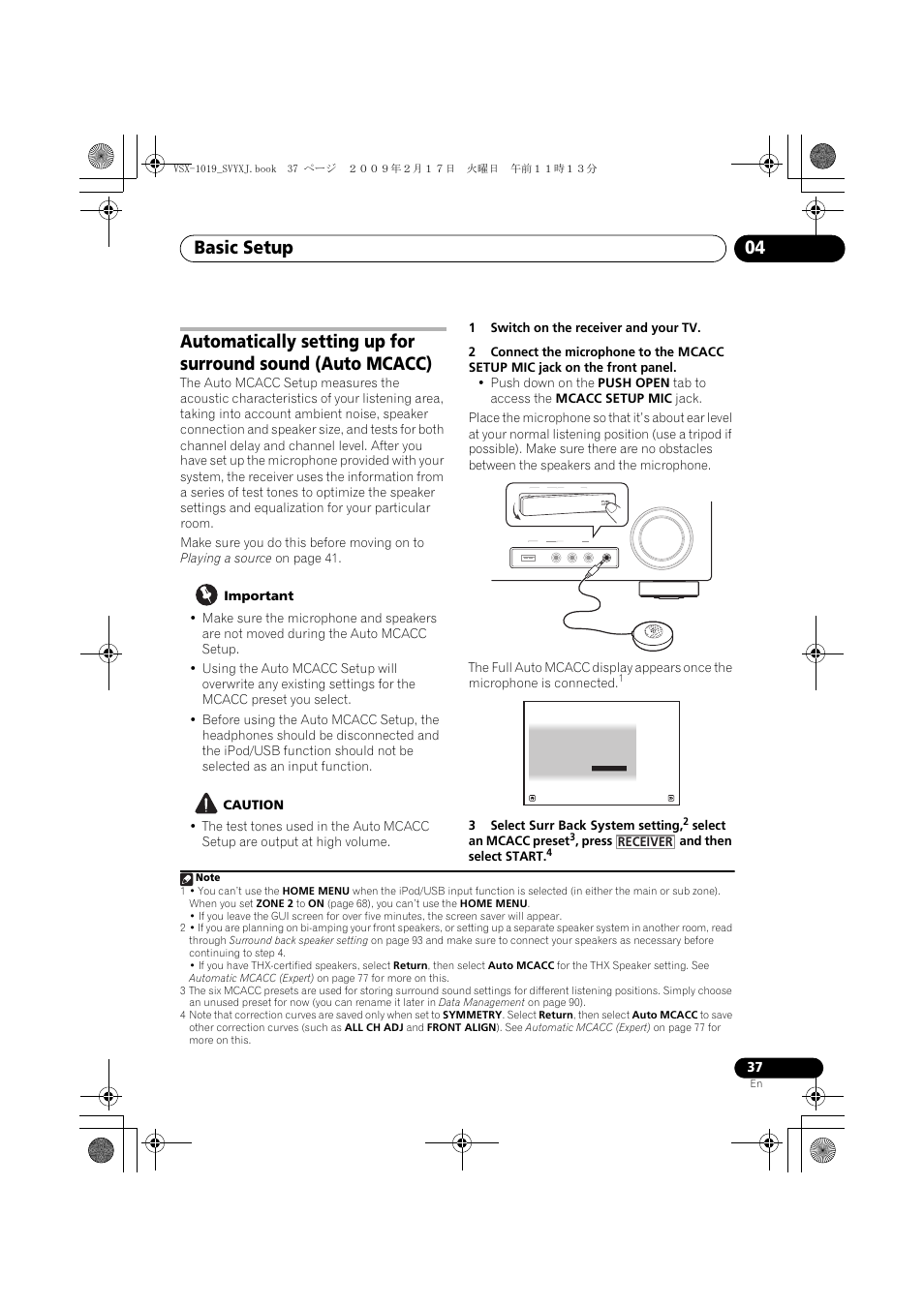 Basic setup 04, 3select surr back system setting, Select an mcacc preset | Press and then select start, Receiver | Pioneer VSX-1019AH-K User Manual | Page 37 / 127
