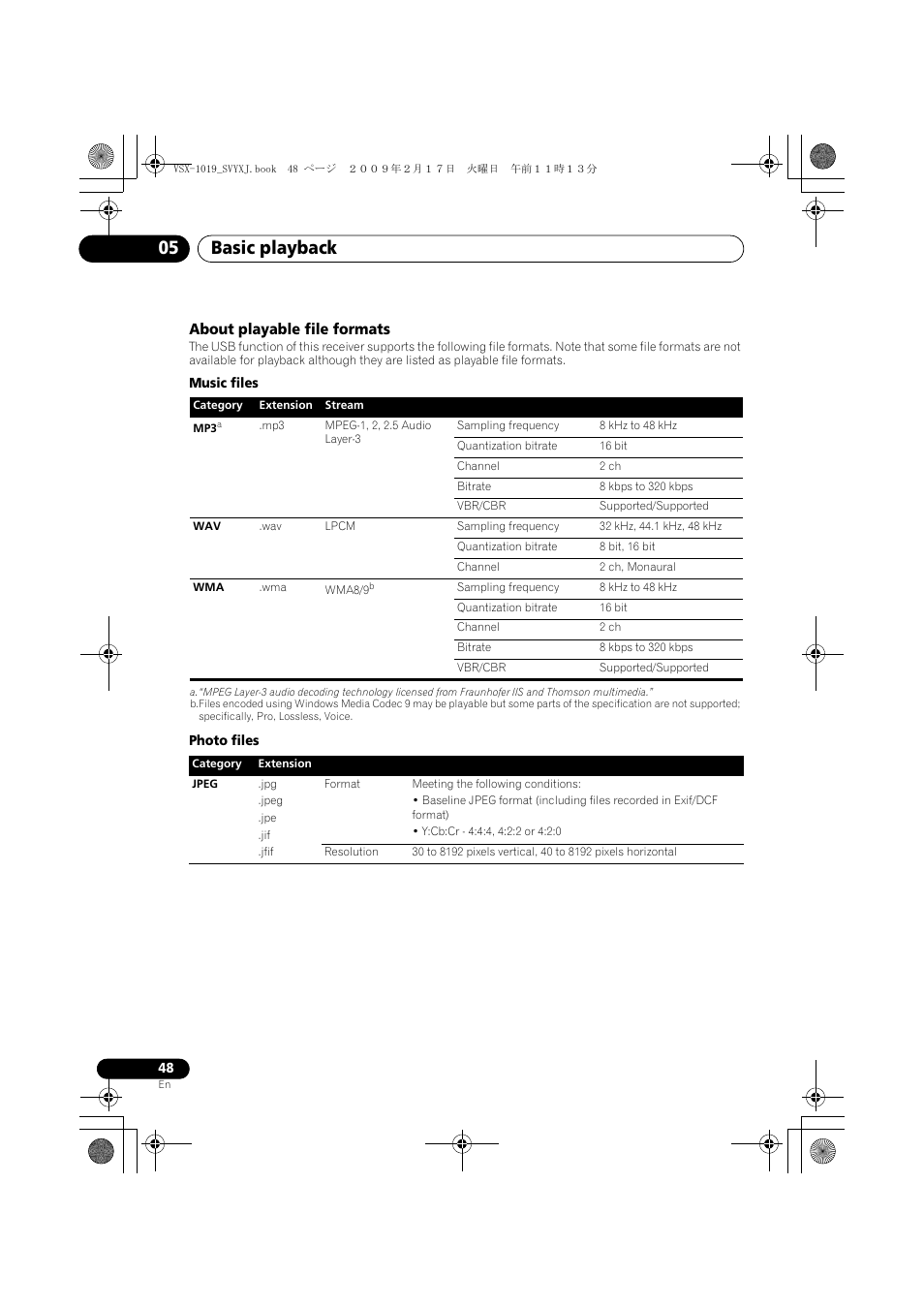 About playable file formats, Basic playback 05 | Pioneer VSX-1019AH-K User Manual | Page 48 / 127