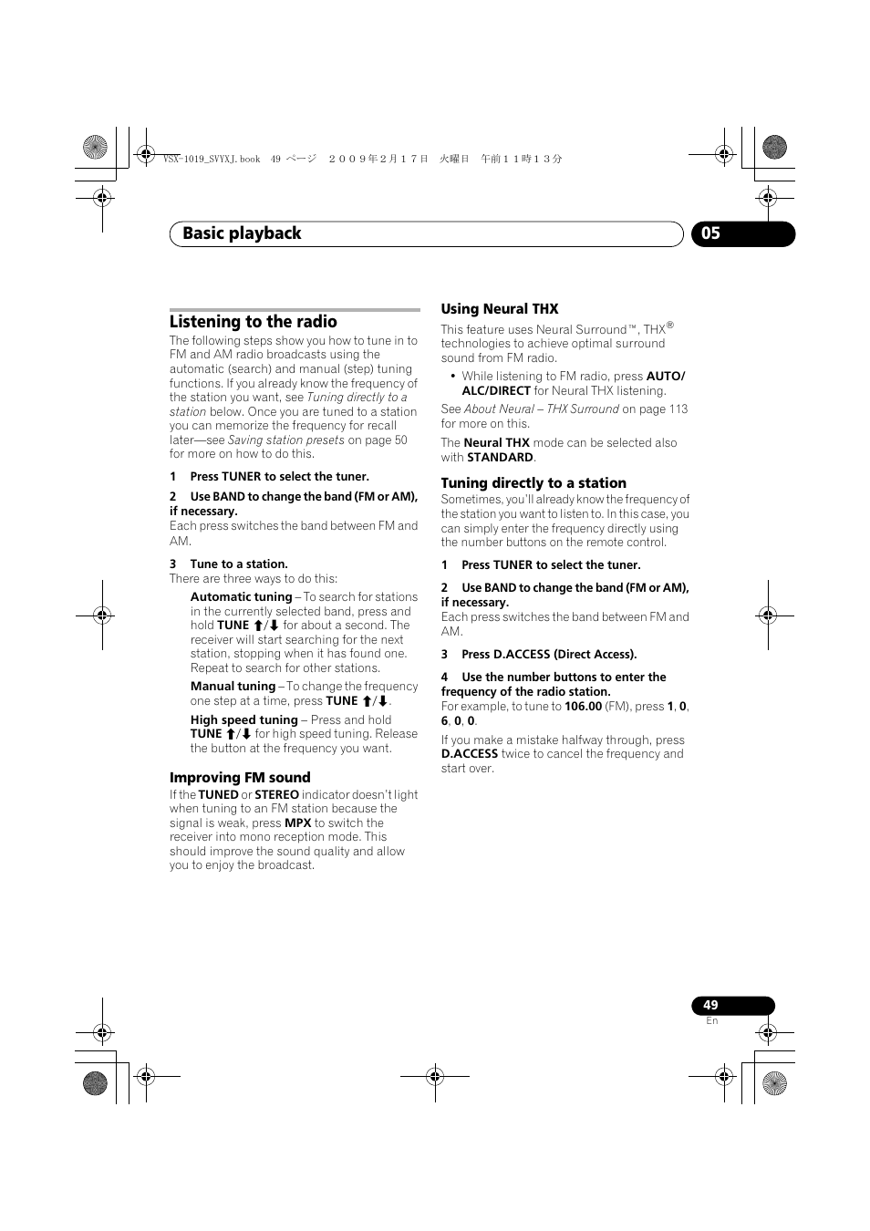 Listening to the radio, Basic playback 05 | Pioneer VSX-1019AH-K User Manual | Page 49 / 127