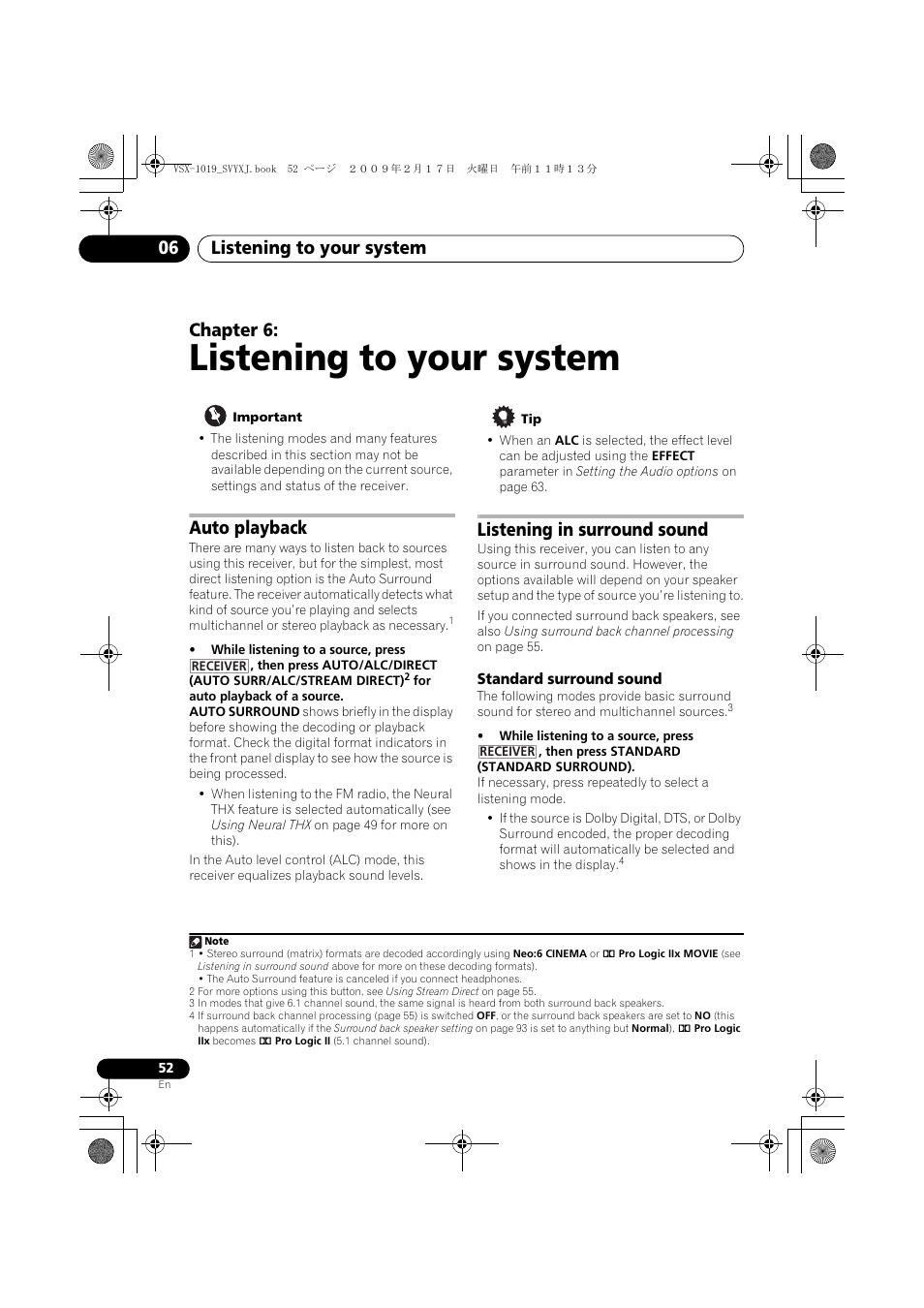 Auto playback listening in surround sound, Standard surround sound, Listening to your system | Listening to your system 06, Chapter 6, Auto playback, Listening in surround sound | Pioneer VSX-1019AH-K User Manual | Page 52 / 127