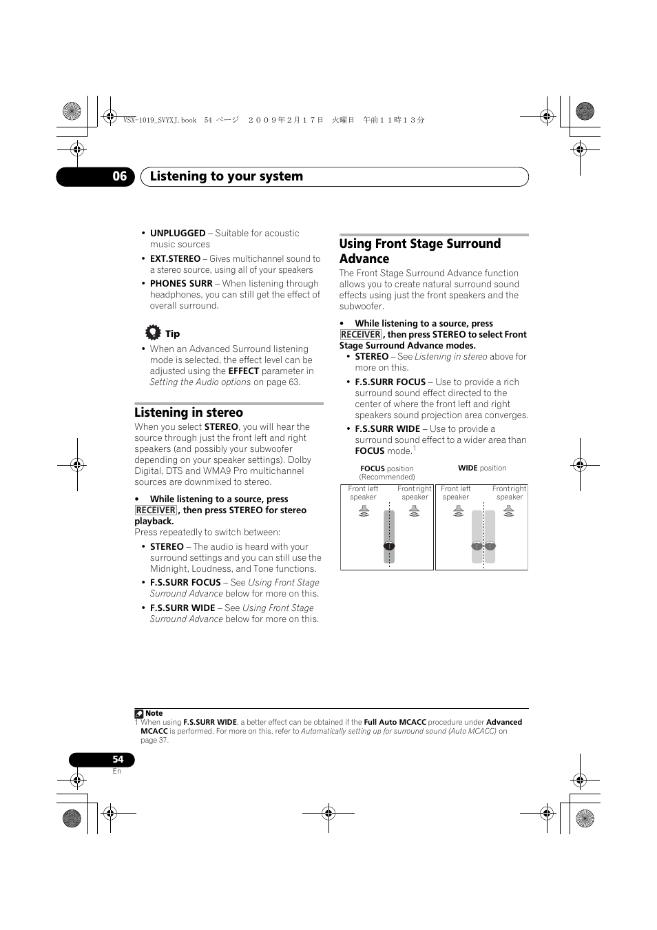 Listening to your system 06, Listening in stereo, Using front stage surround advance | Pioneer VSX-1019AH-K User Manual | Page 54 / 127