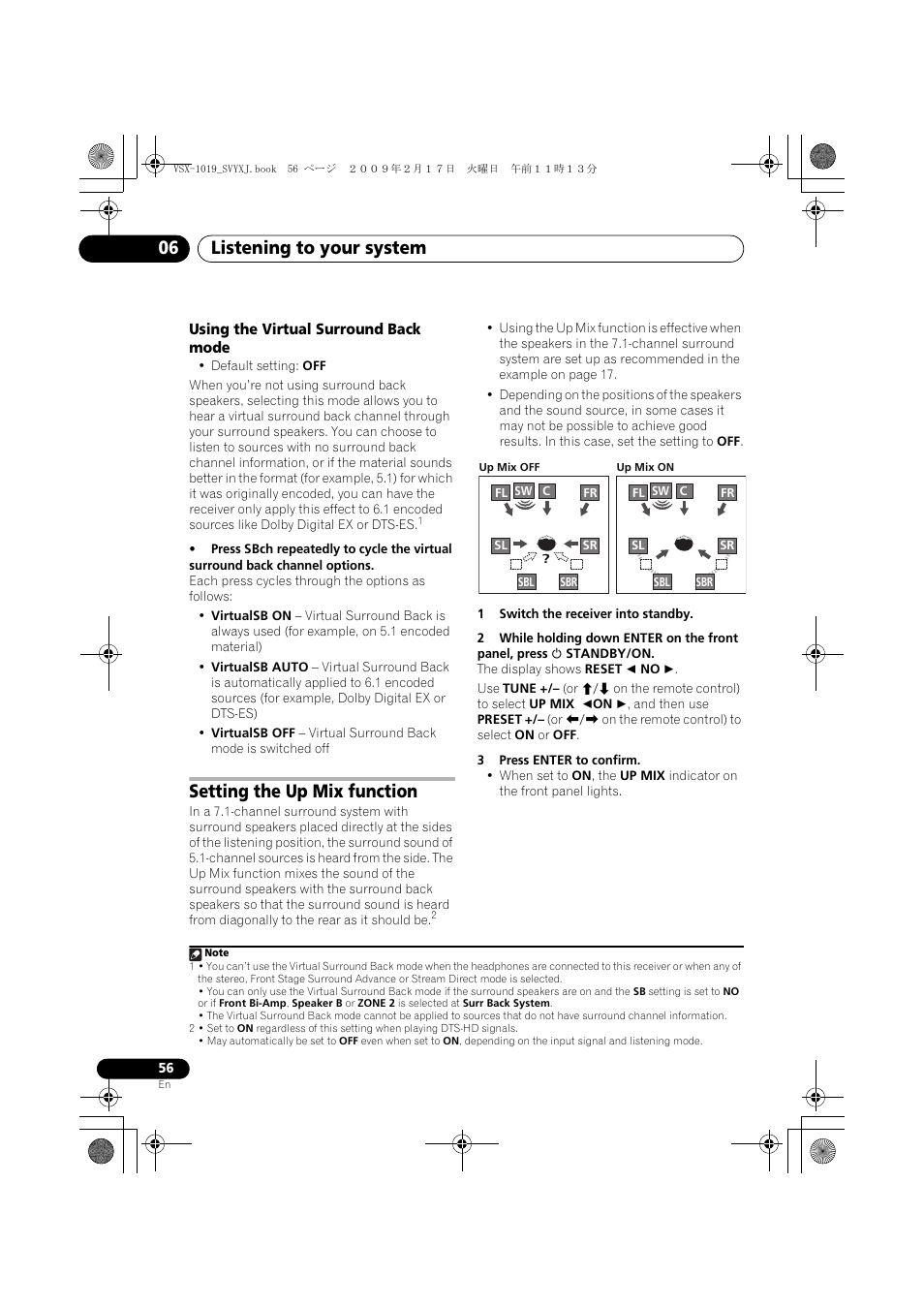 Using the virtual surround back mode, Setting the up mix function, Listening to your system 06 | Pioneer VSX-1019AH-K User Manual | Page 56 / 127