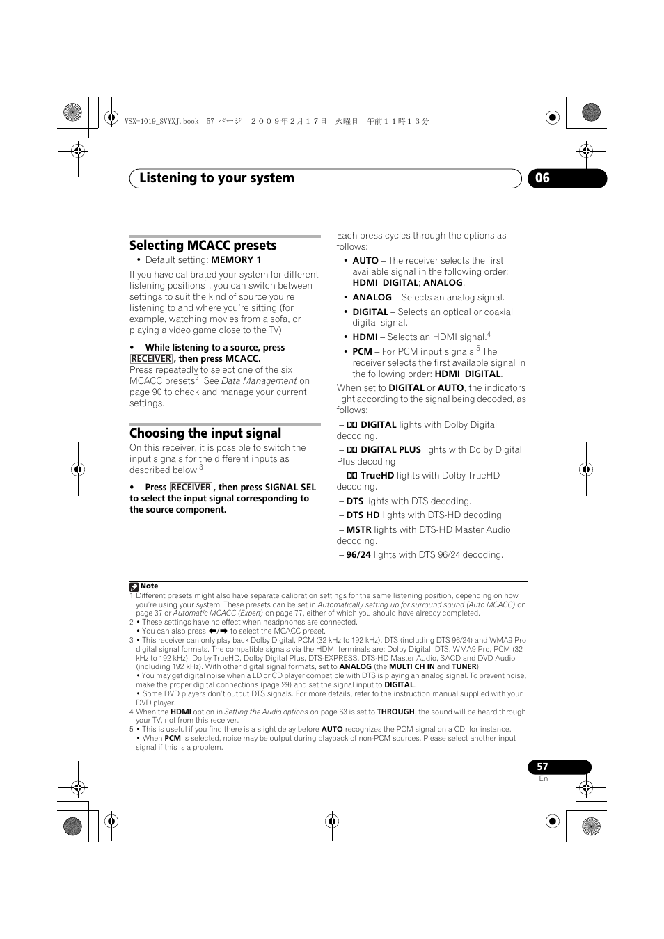 Selecting mcacc presets choosing the input signal, Listening to your system 06, Selecting mcacc presets | Choosing the input signal | Pioneer VSX-1019AH-K User Manual | Page 57 / 127