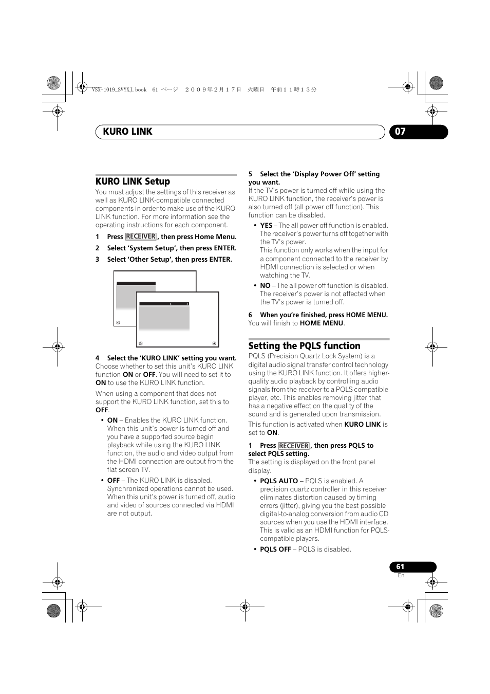 Kuro link setup setting the pqls function, Kuro link 07, Kuro link setup | Setting the pqls function | Pioneer VSX-1019AH-K User Manual | Page 61 / 127