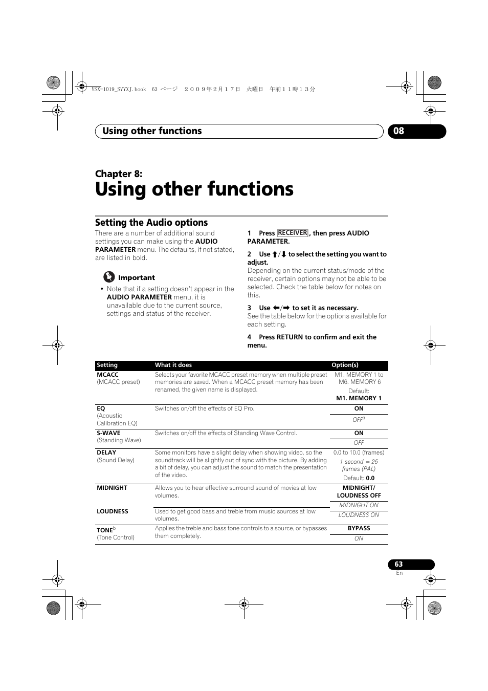 Setting the audio options, Using other functions, Using other functions 08 | Chapter 8 | Pioneer VSX-1019AH-K User Manual | Page 63 / 127