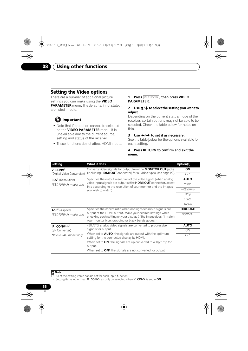 Setting the video options, Using other functions 08 | Pioneer VSX-1019AH-K User Manual | Page 66 / 127