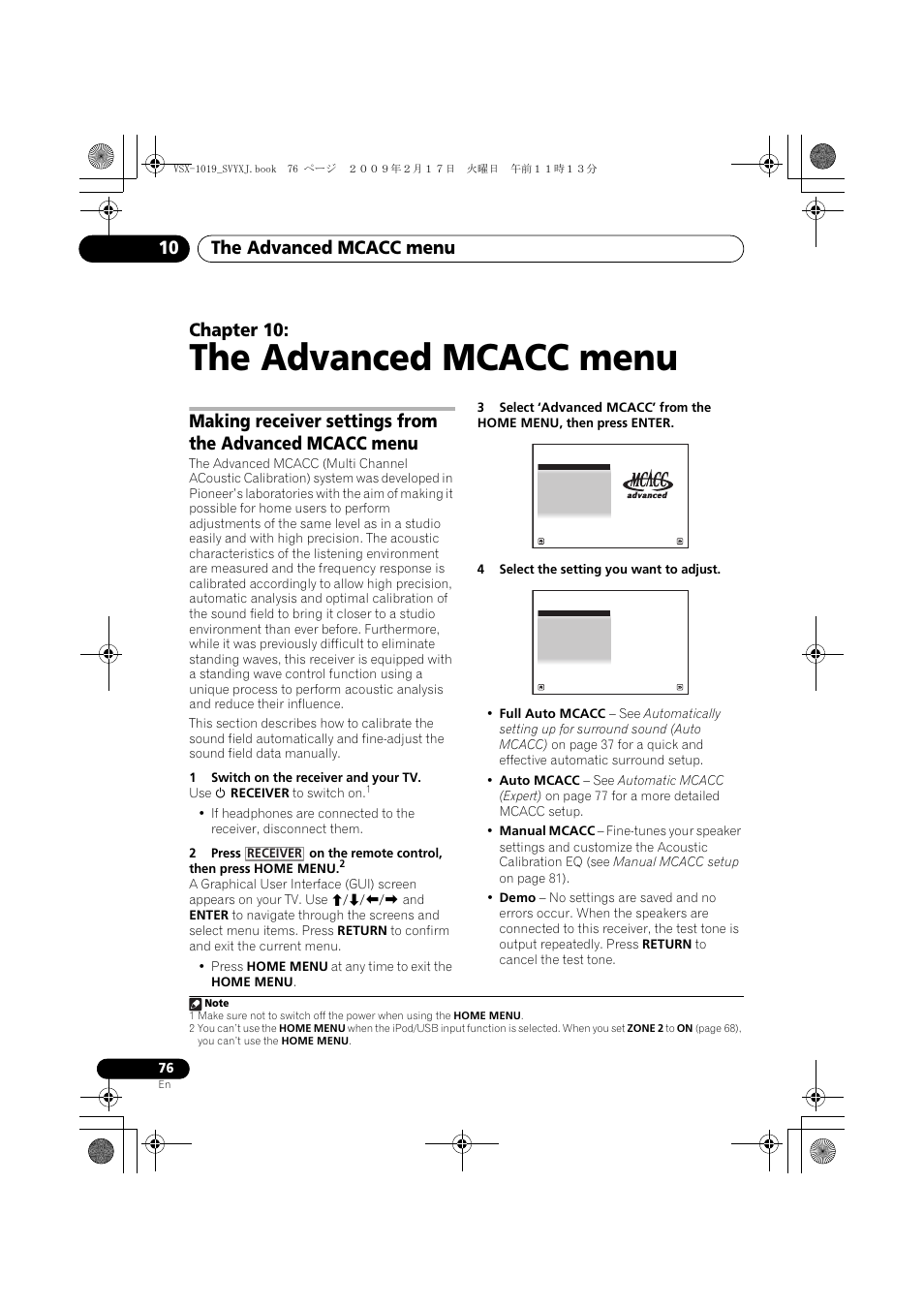 The advanced mcacc menu, The advanced mcacc menu 10, Chapter 10 | Pioneer VSX-1019AH-K User Manual | Page 76 / 127