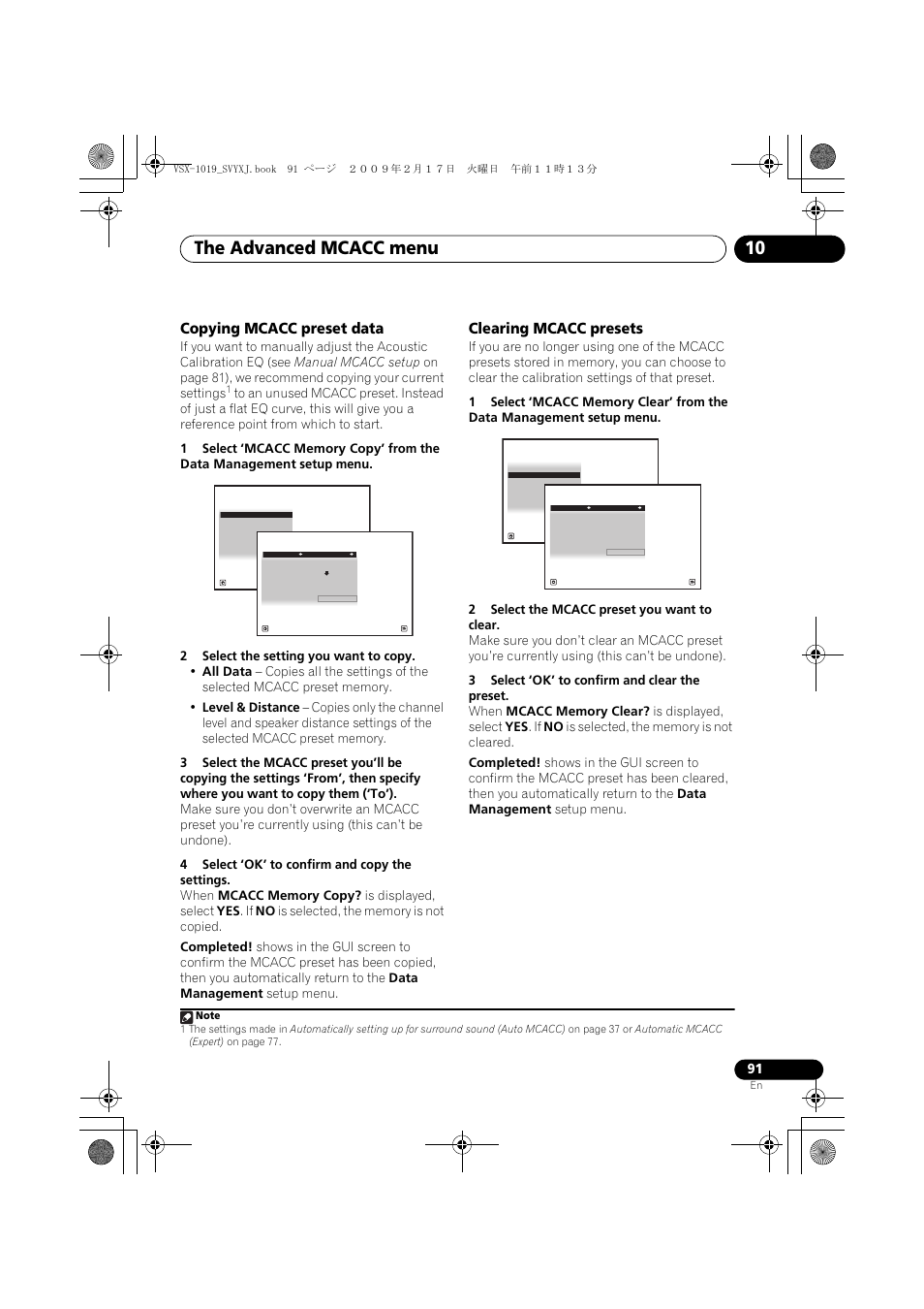 Copying mcacc preset data clearing mcacc presets, The advanced mcacc menu 10, Copying mcacc preset data | Clearing mcacc presets | Pioneer VSX-1019AH-K User Manual | Page 91 / 127