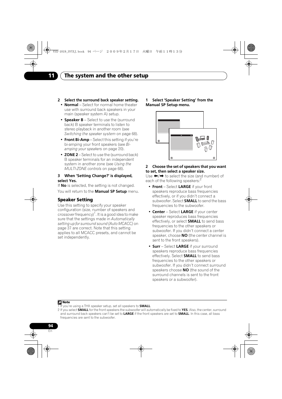 Speaker setting, The system and the other setup 11 | Pioneer VSX-1019AH-K User Manual | Page 94 / 127