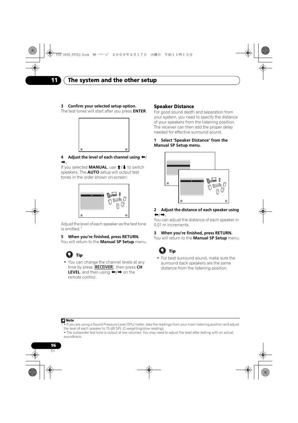 Speaker distance, The system and the other setup 11, Receiver | Pioneer VSX-1019AH-K User Manual | Page 96 / 127