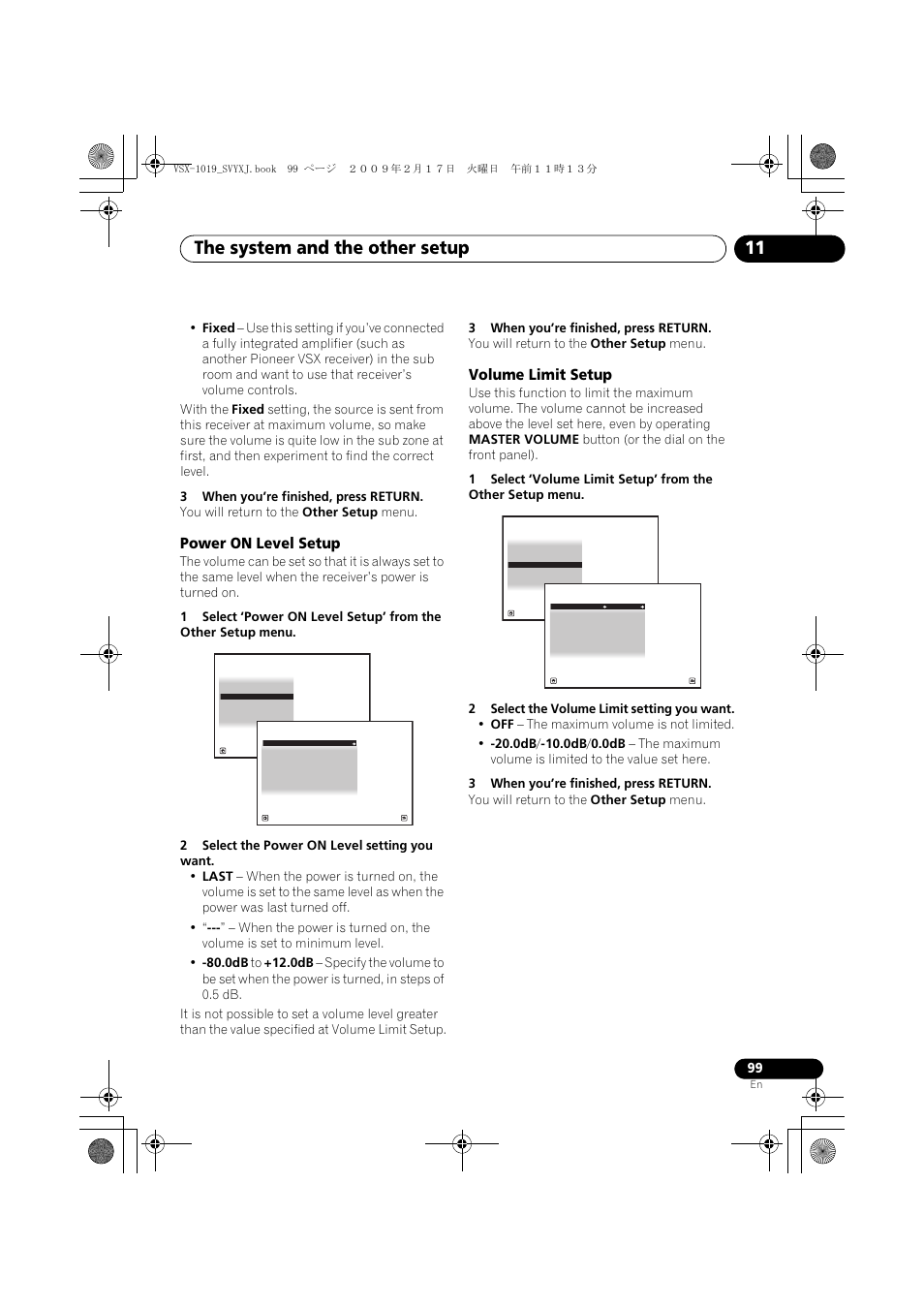 Power on level setup volume limit setup, The system and the other setup 11, Power on level setup | Volume limit setup | Pioneer VSX-1019AH-K User Manual | Page 99 / 127