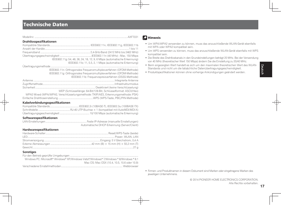 Technische daten | Pioneer SC-LX88-K User Manual | Page 49 / 128
