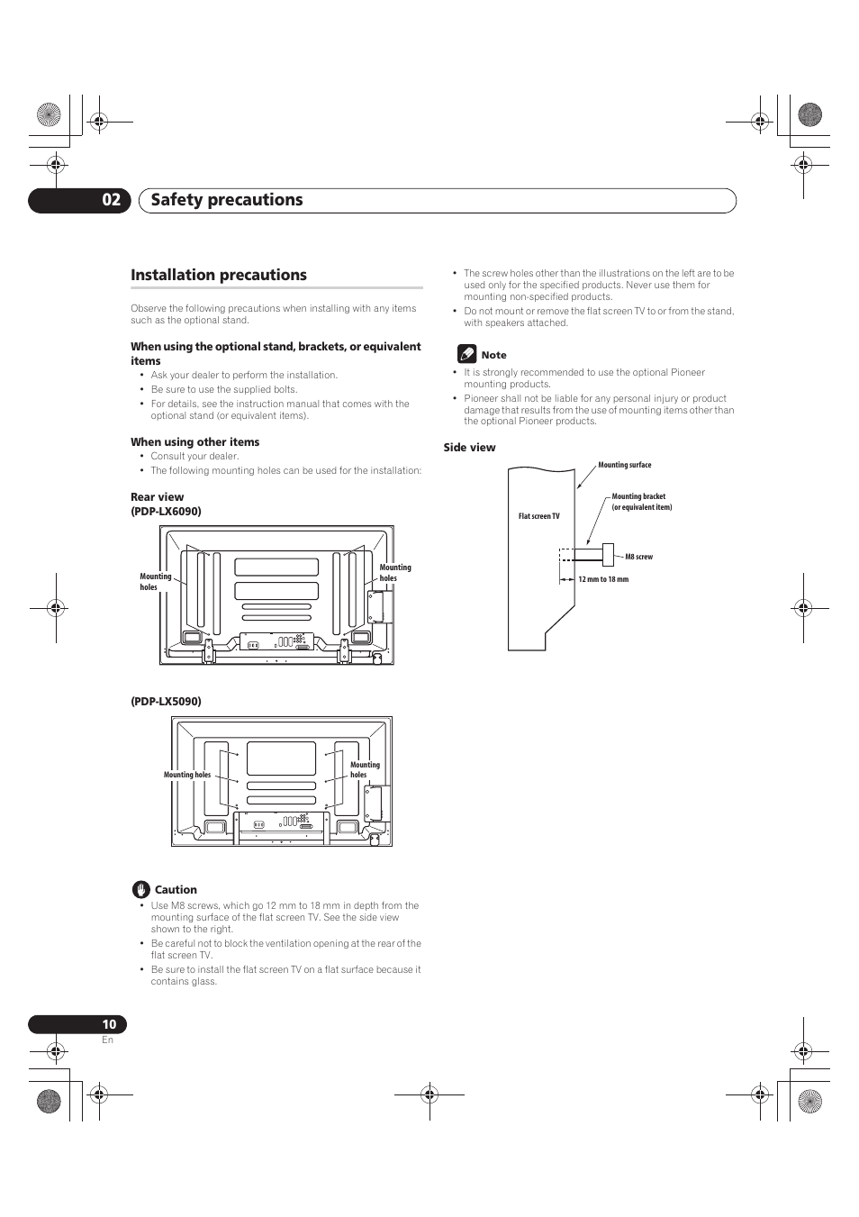 Installation precautions, When using other items, Rear view | Pdp-lx6090), Pdp-lx5090), Caution, Note, Side view, Safety precautions 02 | Pioneer PDP-LX5090 User Manual | Page 10 / 264