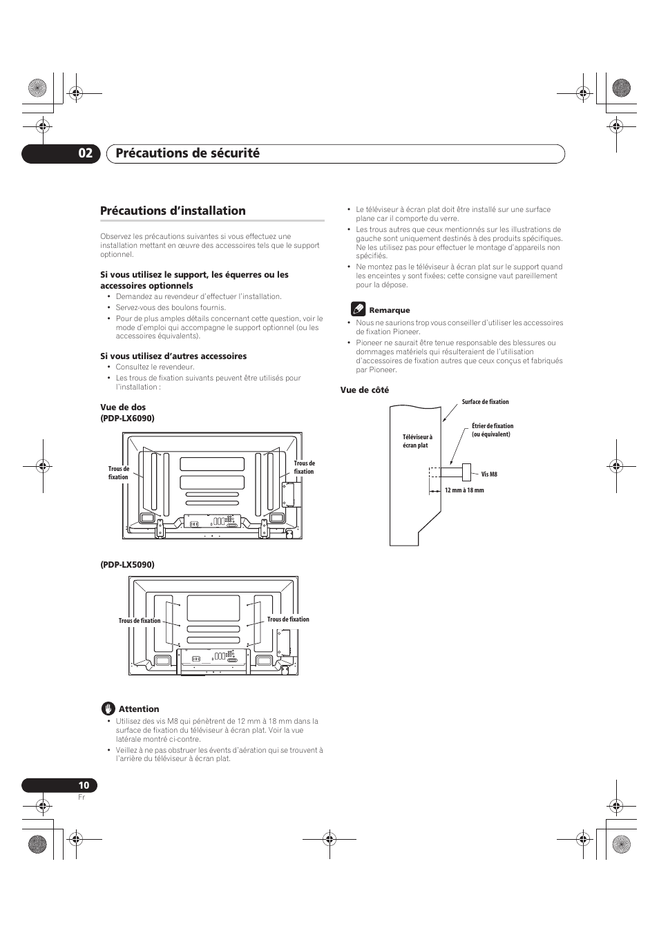 Précautions d’installation, Précautions de sécurité 02 | Pioneer PDP-LX5090 User Manual | Page 100 / 264