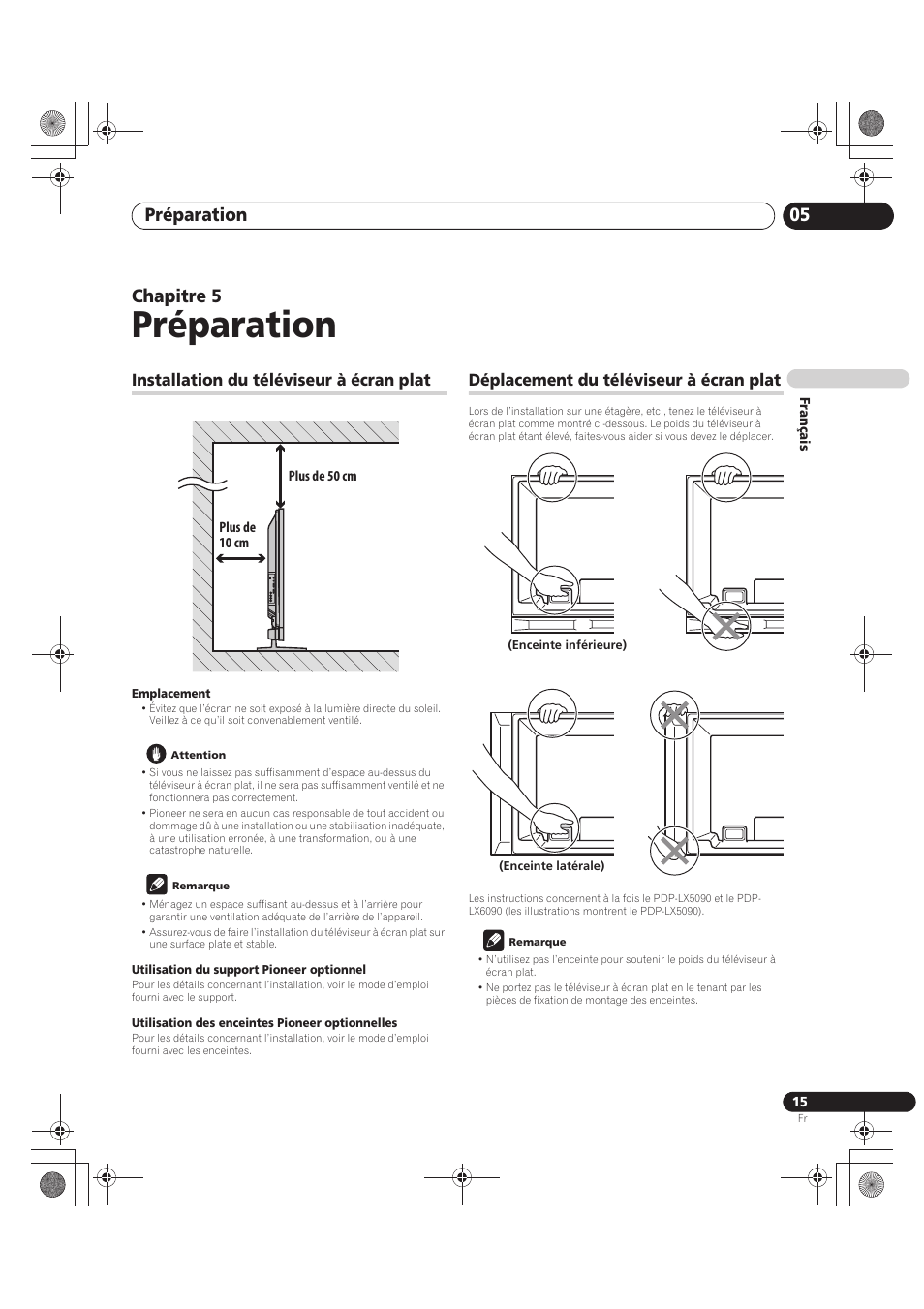 05 préparation, Préparation, Préparation 05 | Chapitre 5, Installation du téléviseur à écran plat, Déplacement du téléviseur à écran plat | Pioneer PDP-LX5090 User Manual | Page 105 / 264