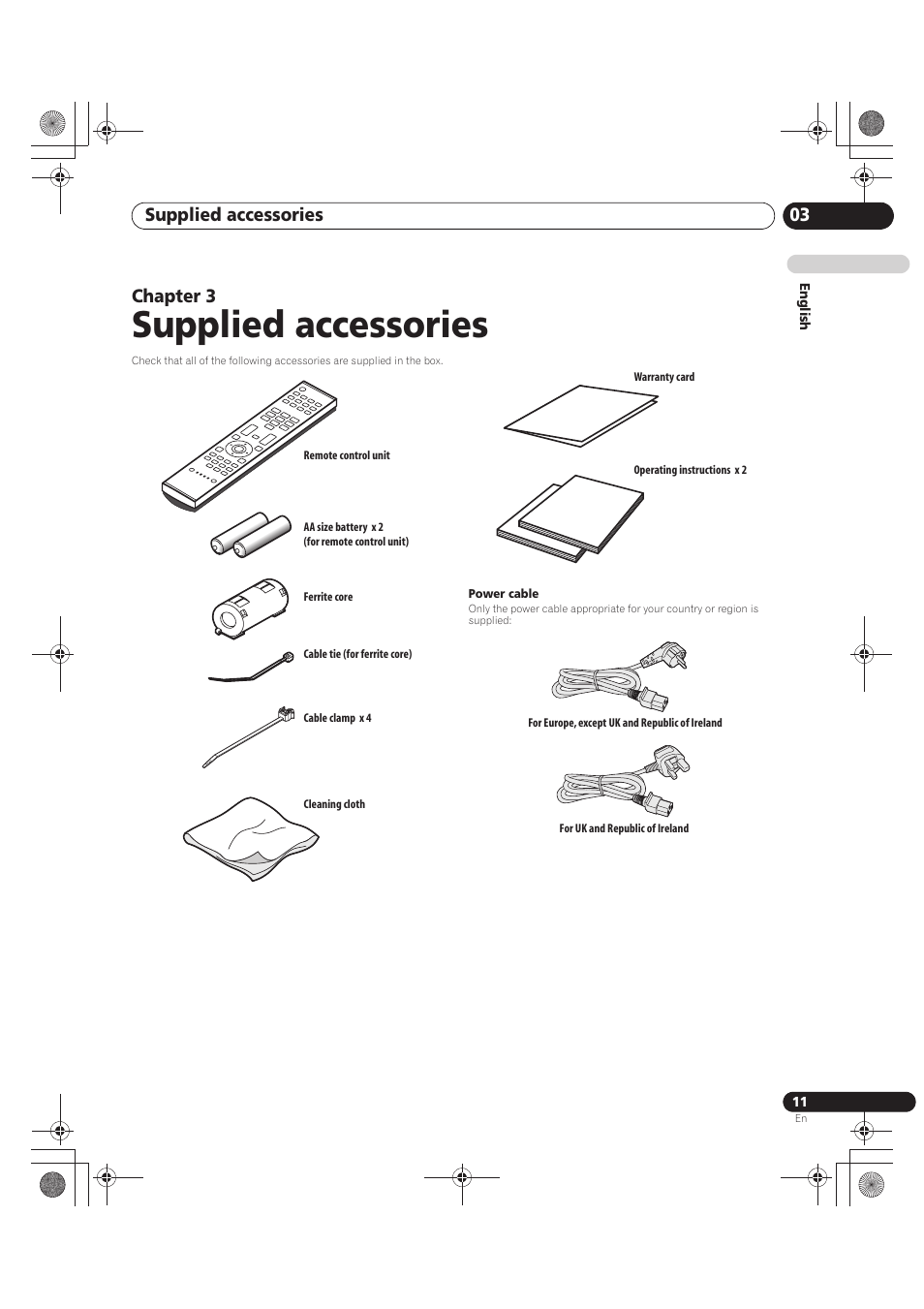 Supplied accessories, Power cable, 03 supplied accessories | Supplied accessories 03, Chapter 3 | Pioneer PDP-LX5090 User Manual | Page 11 / 264